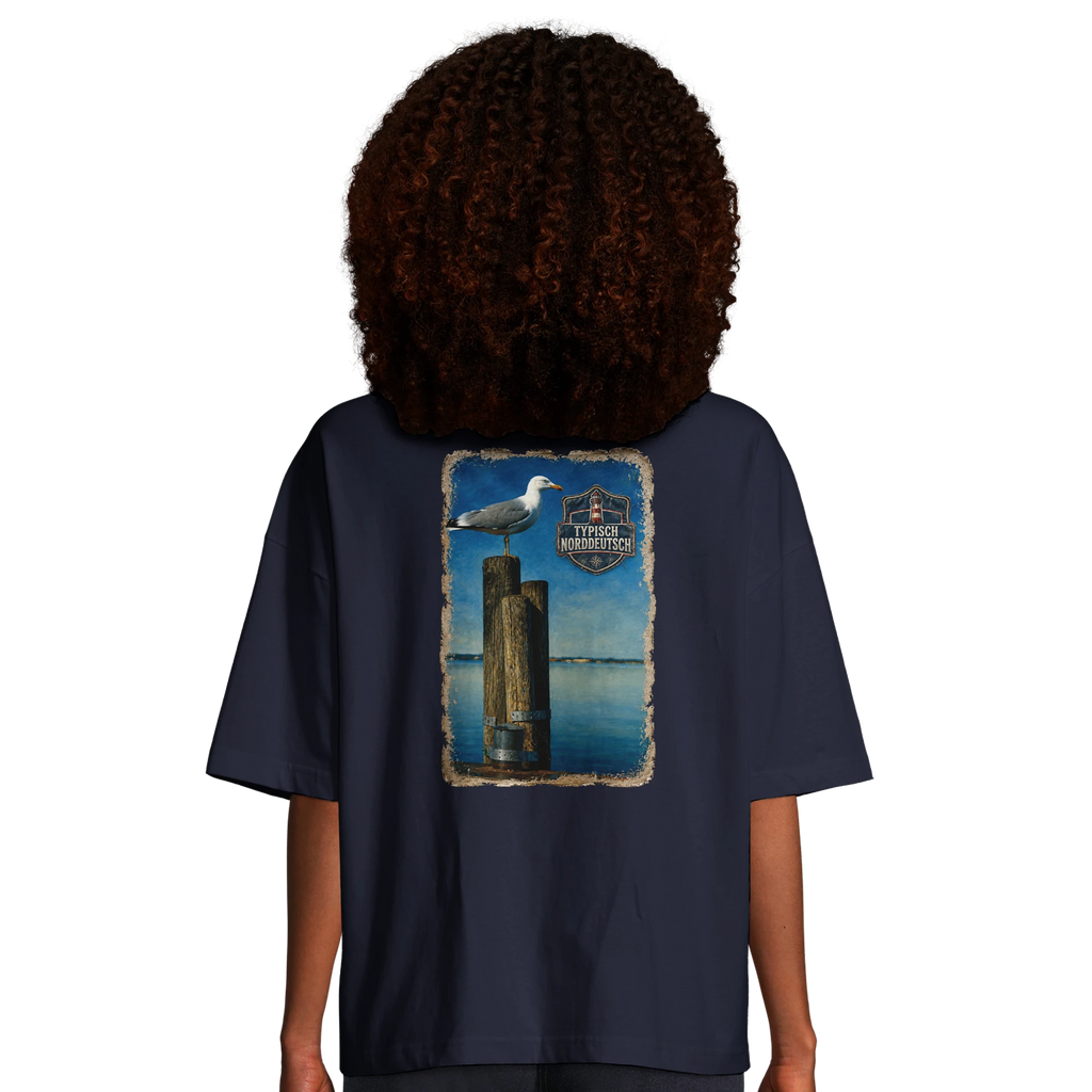 Damen-T-Shirt in Hellgelb mit Motiv „Möwe auf Poller“