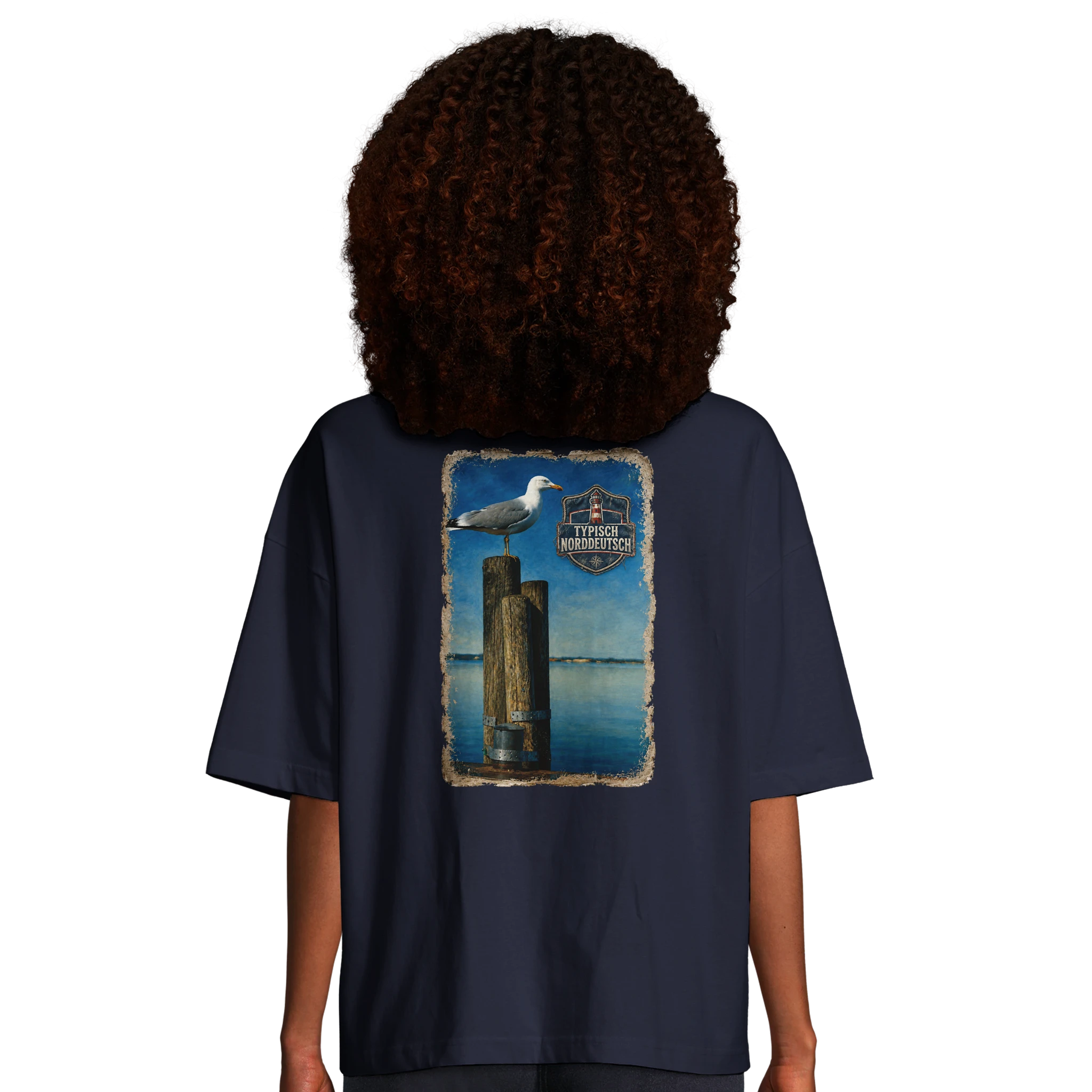 Damen-T-Shirt in Hellgelb mit Motiv „Möwe auf Poller“
