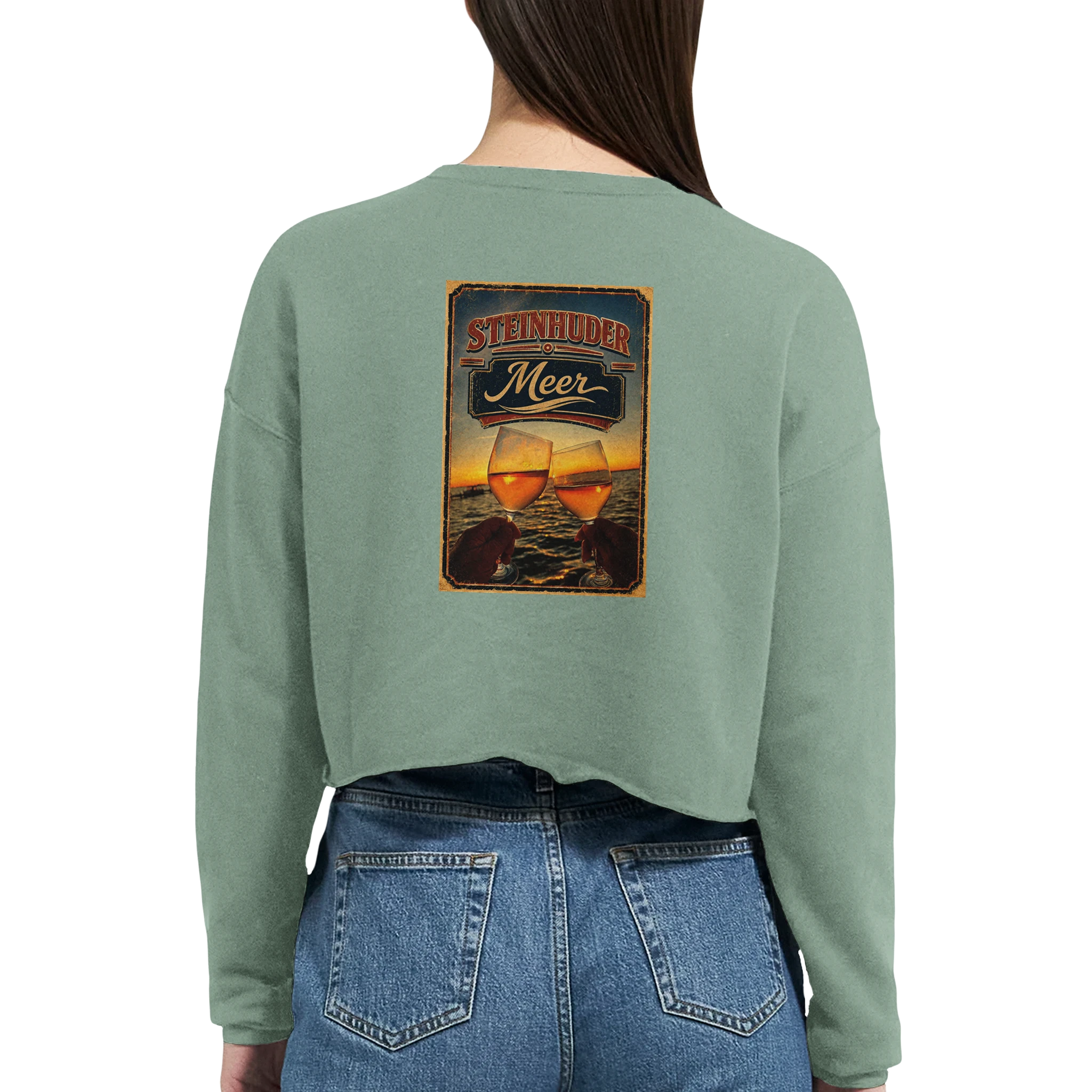Damen-Pullover in Staubblau mit Motiv „Stößchen bei Sunset“