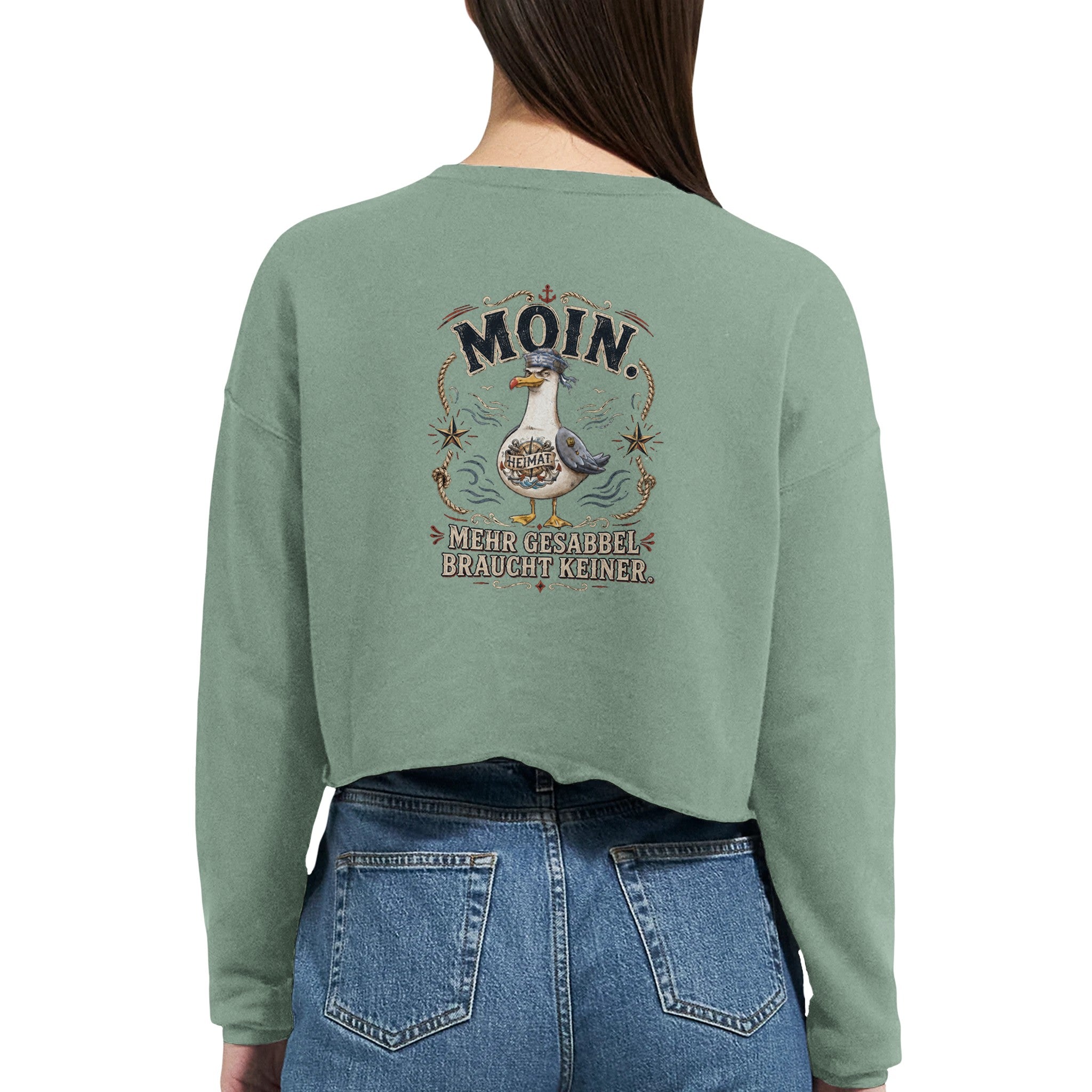 Damen-Pullover in Staubblau mit Motiv „Mehr Gesabbel braucht keiner“