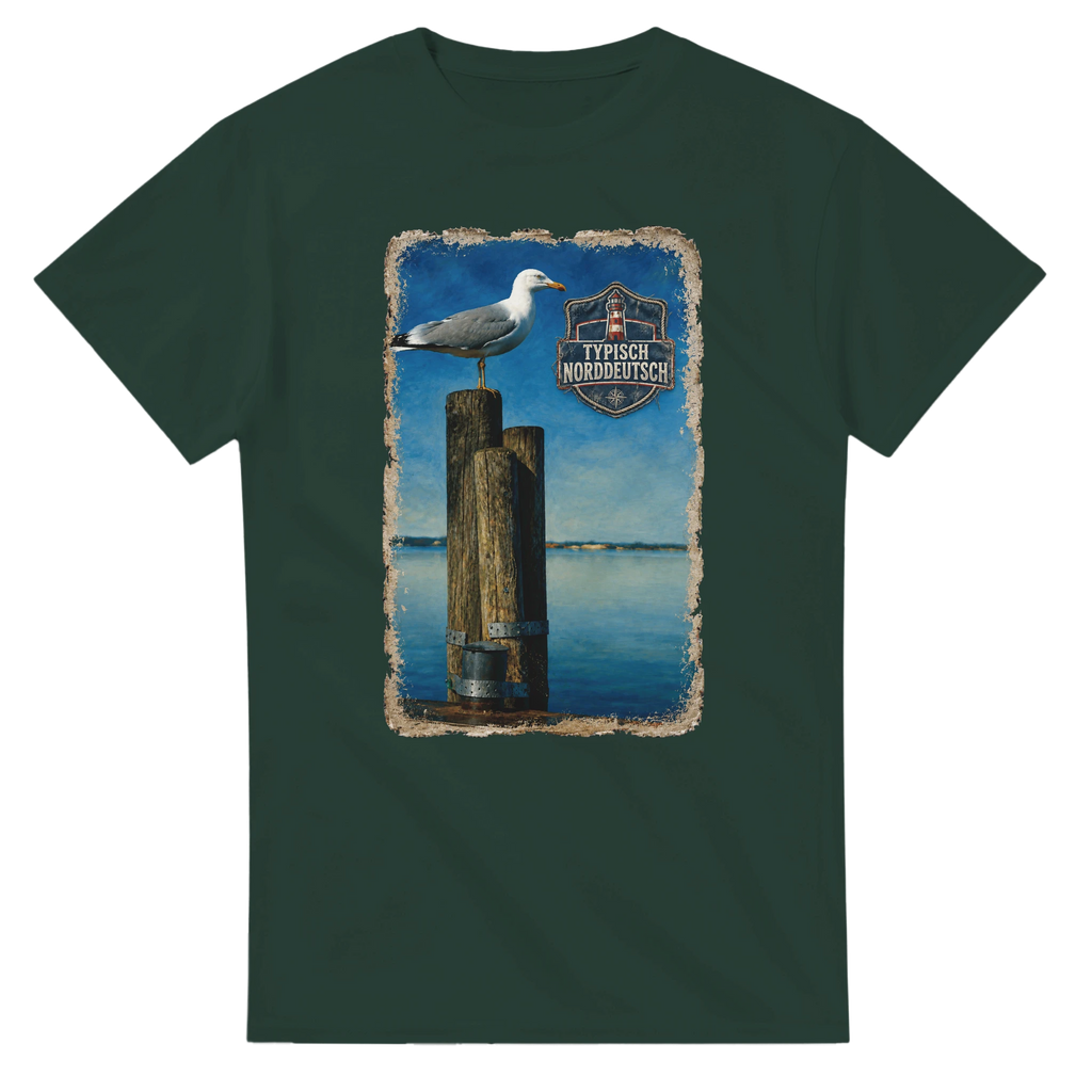 T-Shirt in Natur mit Motiv „Möwe auf Poller“
