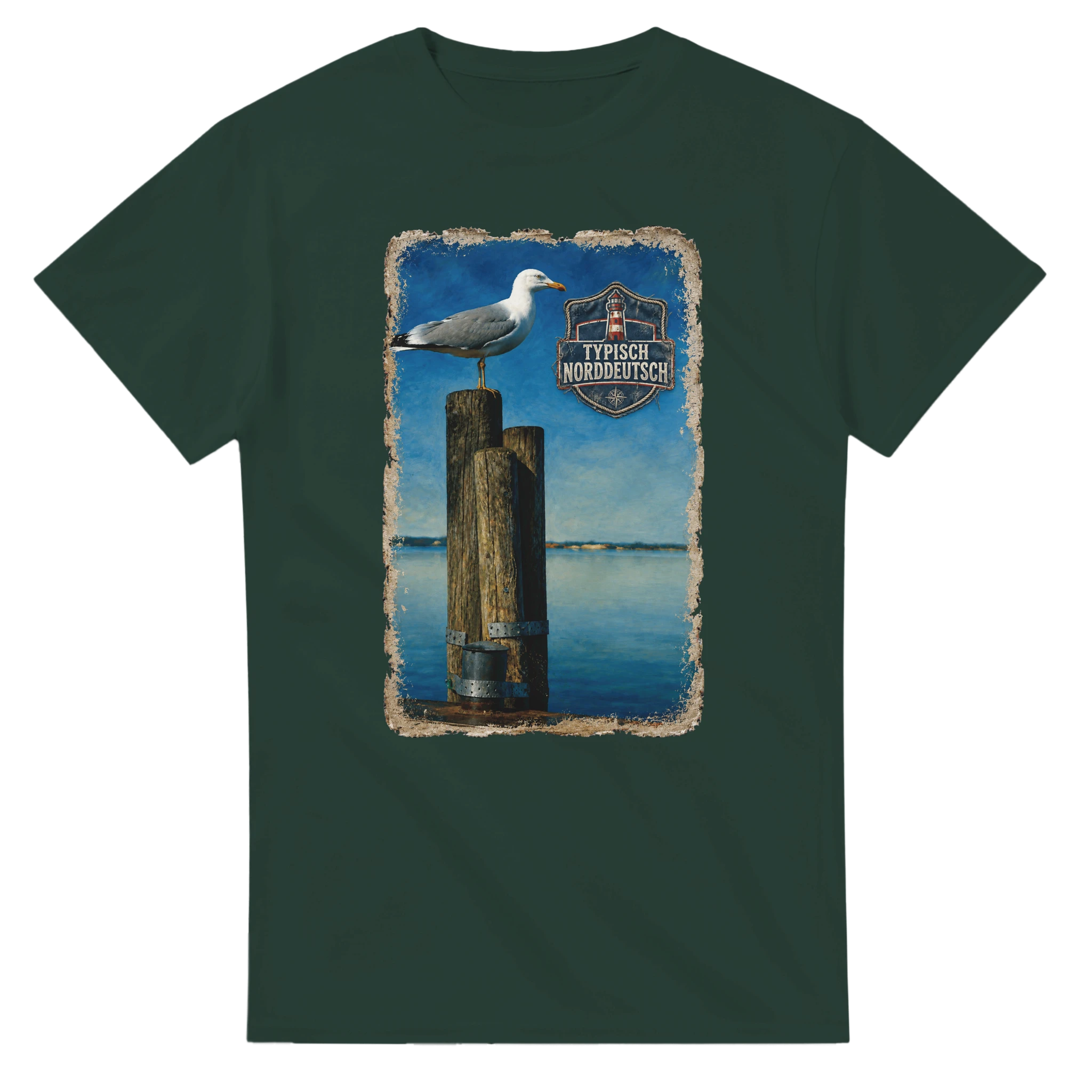 T-Shirt in Natur mit Motiv „Möwe auf Poller“