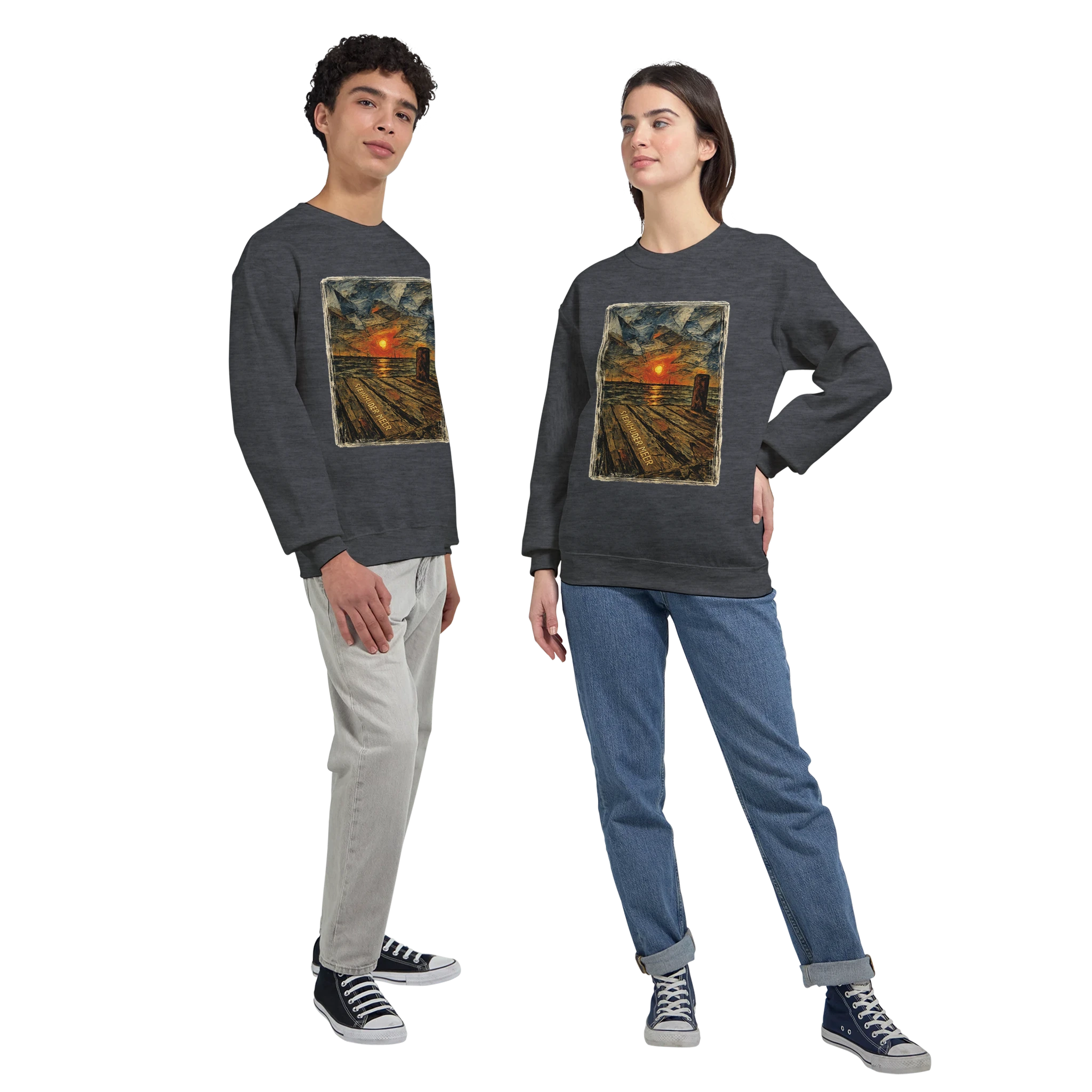 Pullover in Aschgrau mit Motiv „Steinhuder Meer Kunst“