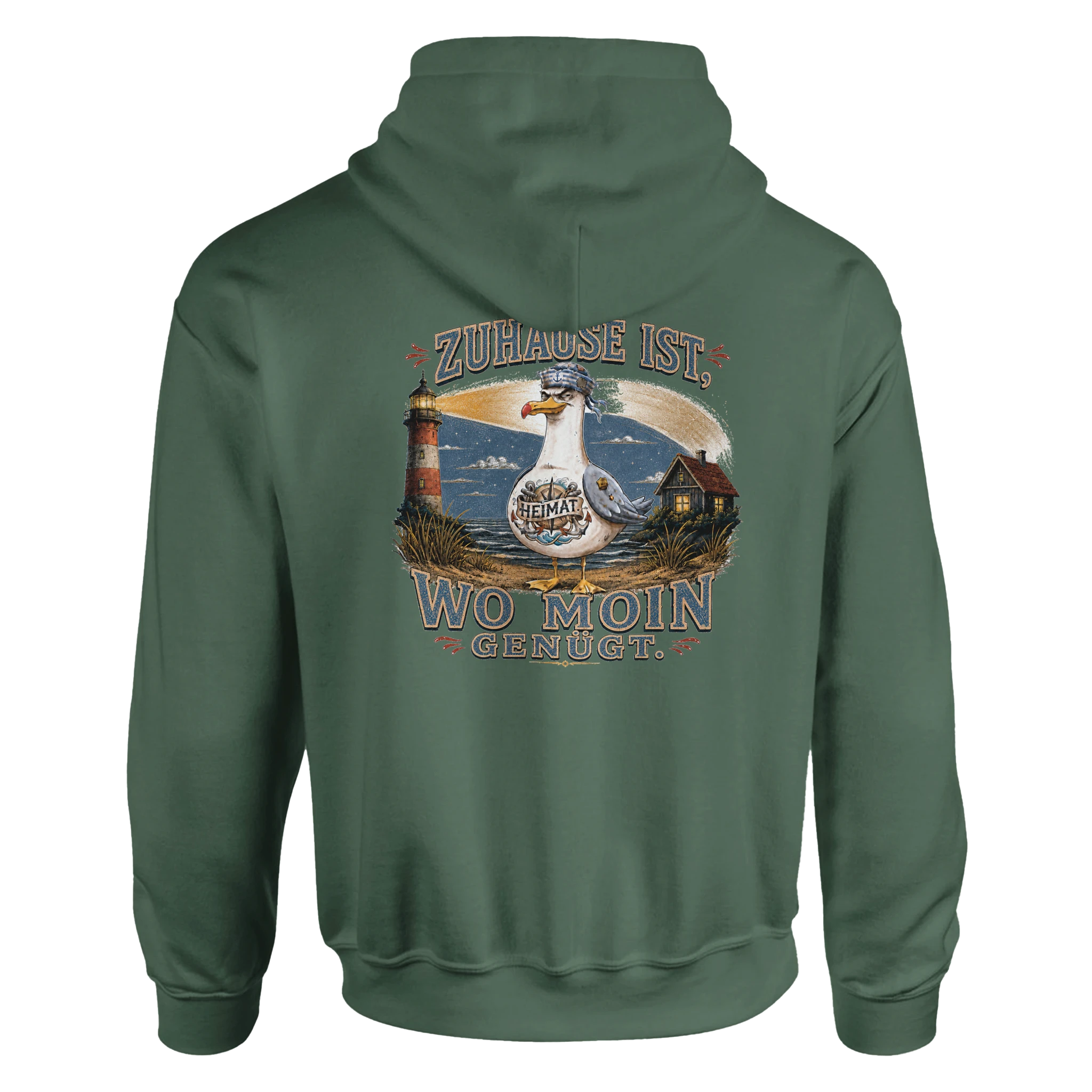 Hoodie in Weiß mit Motiv „Zuhause ist, wo Moin genügt. Möwe“