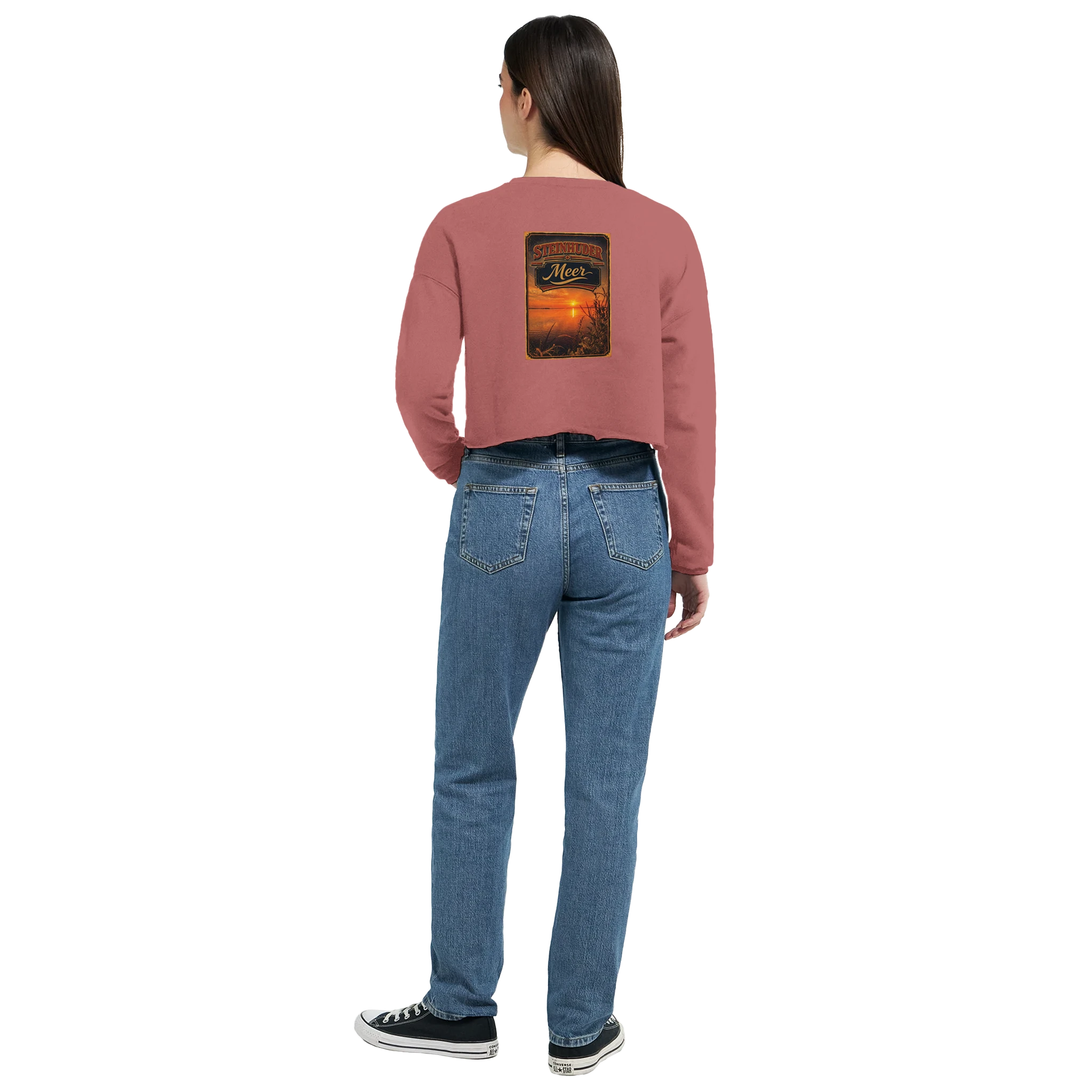 Damen-Pullover in Dunkelgrau meliert mit Motiv „Sunset am Steinhuder Meer“