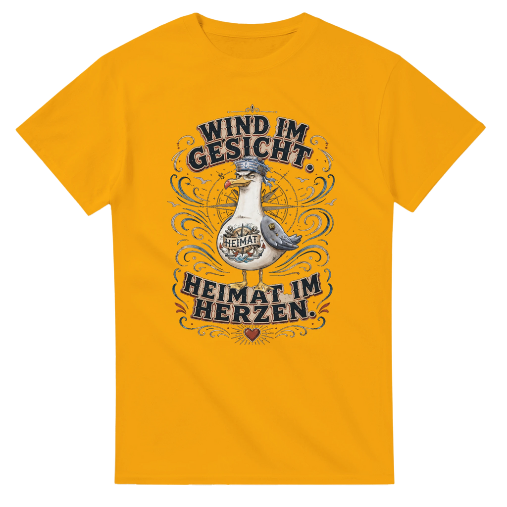 T-Shirt in Natur mit Motiv „Wind im Gesicht. Heimat im Herzen. Möwe“