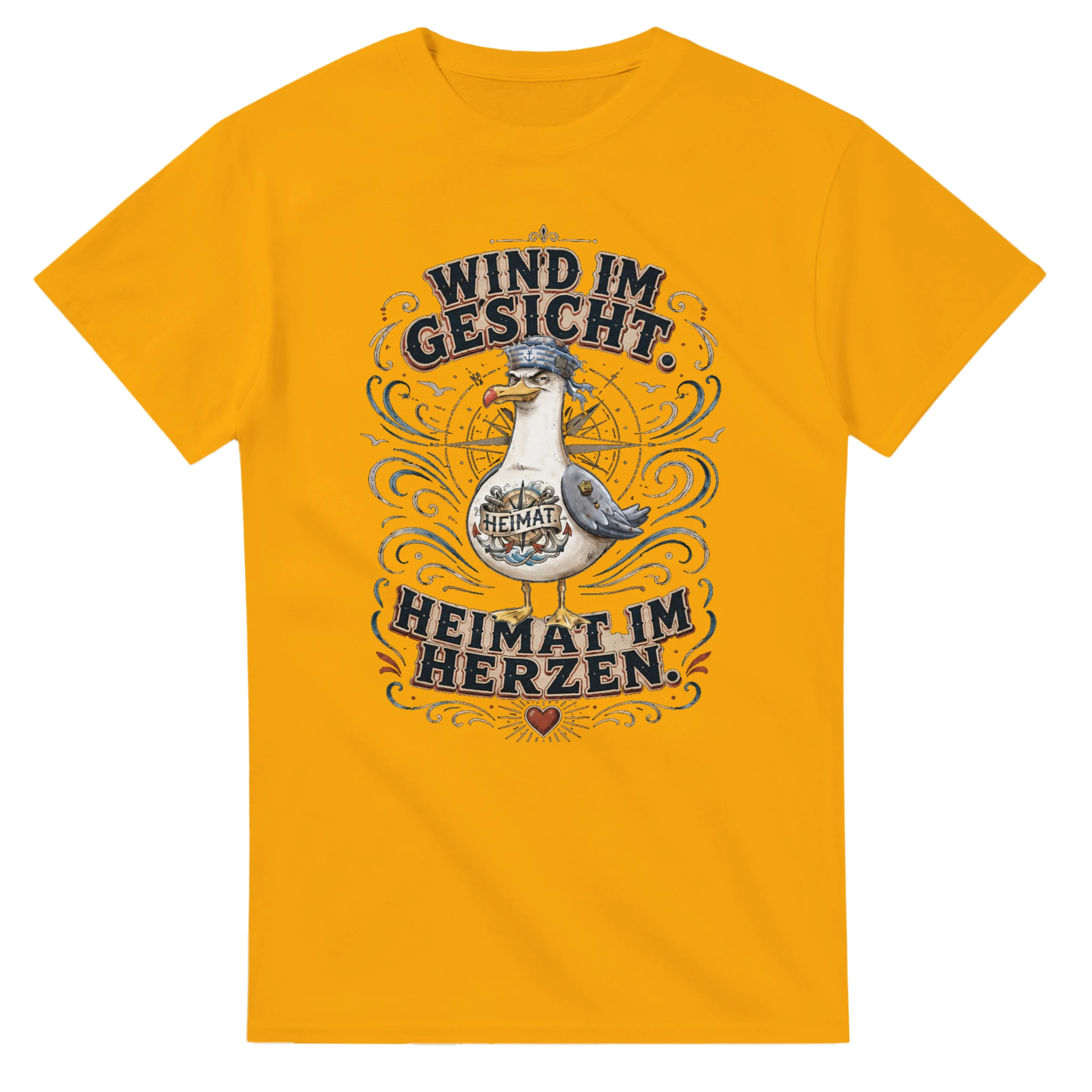 T-Shirt in Natur mit Motiv „Wind im Gesicht. Heimat im Herzen. Möwe“