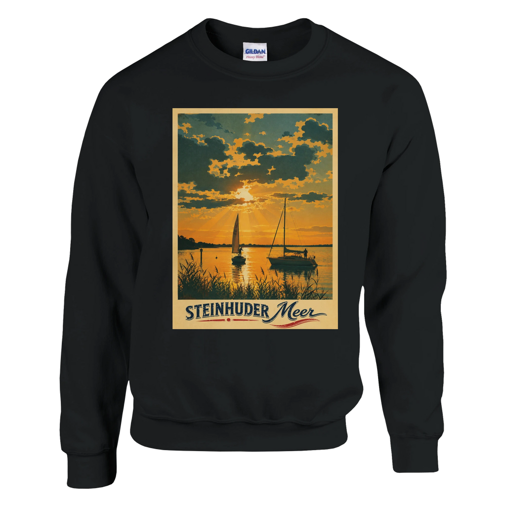 Pullover in Aschgrau mit Motiv „Segler am Steinhuder Meer beim Sunset“