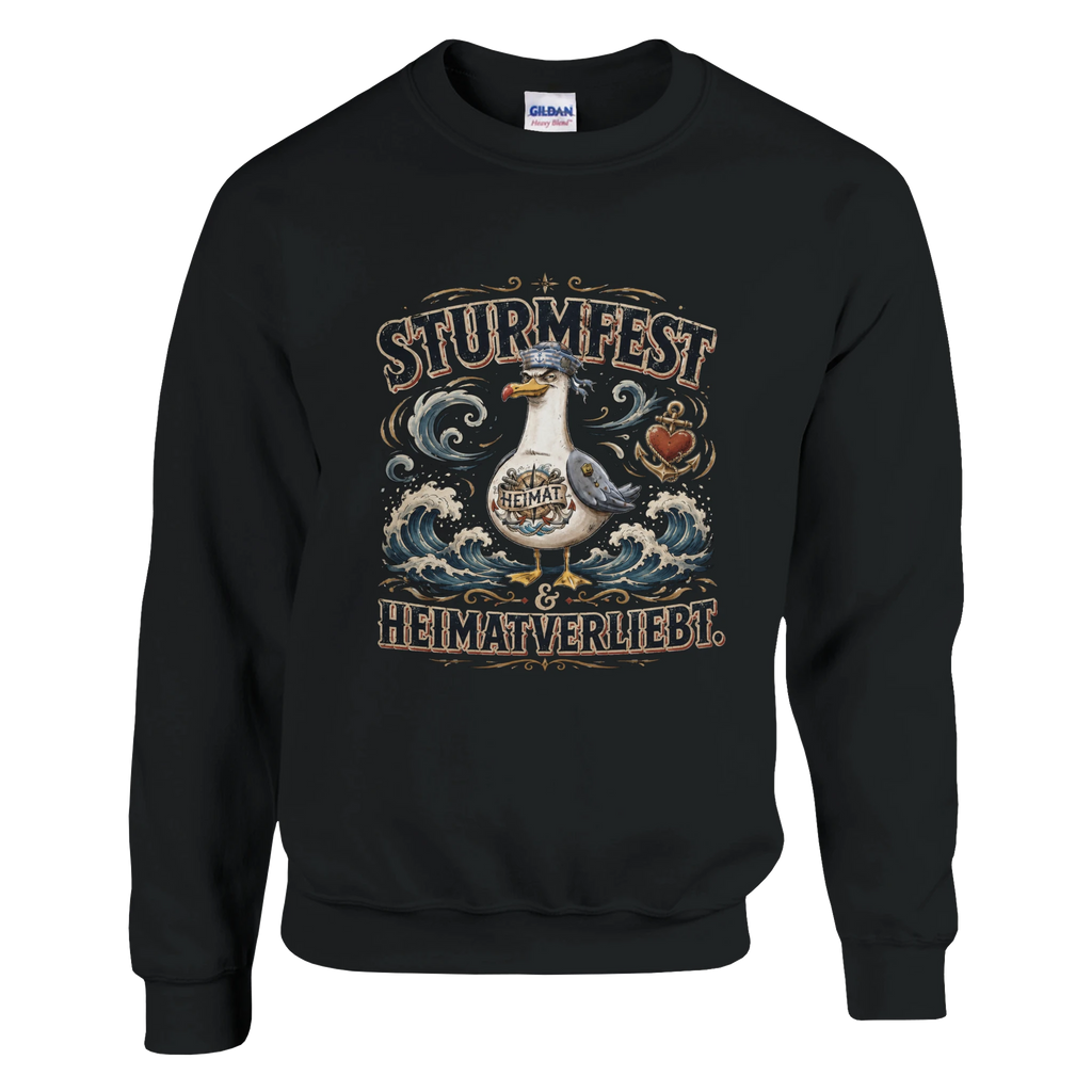 Pullover in Weiß mit Motiv „Sturmfest & Heimatverliebt Möwe“