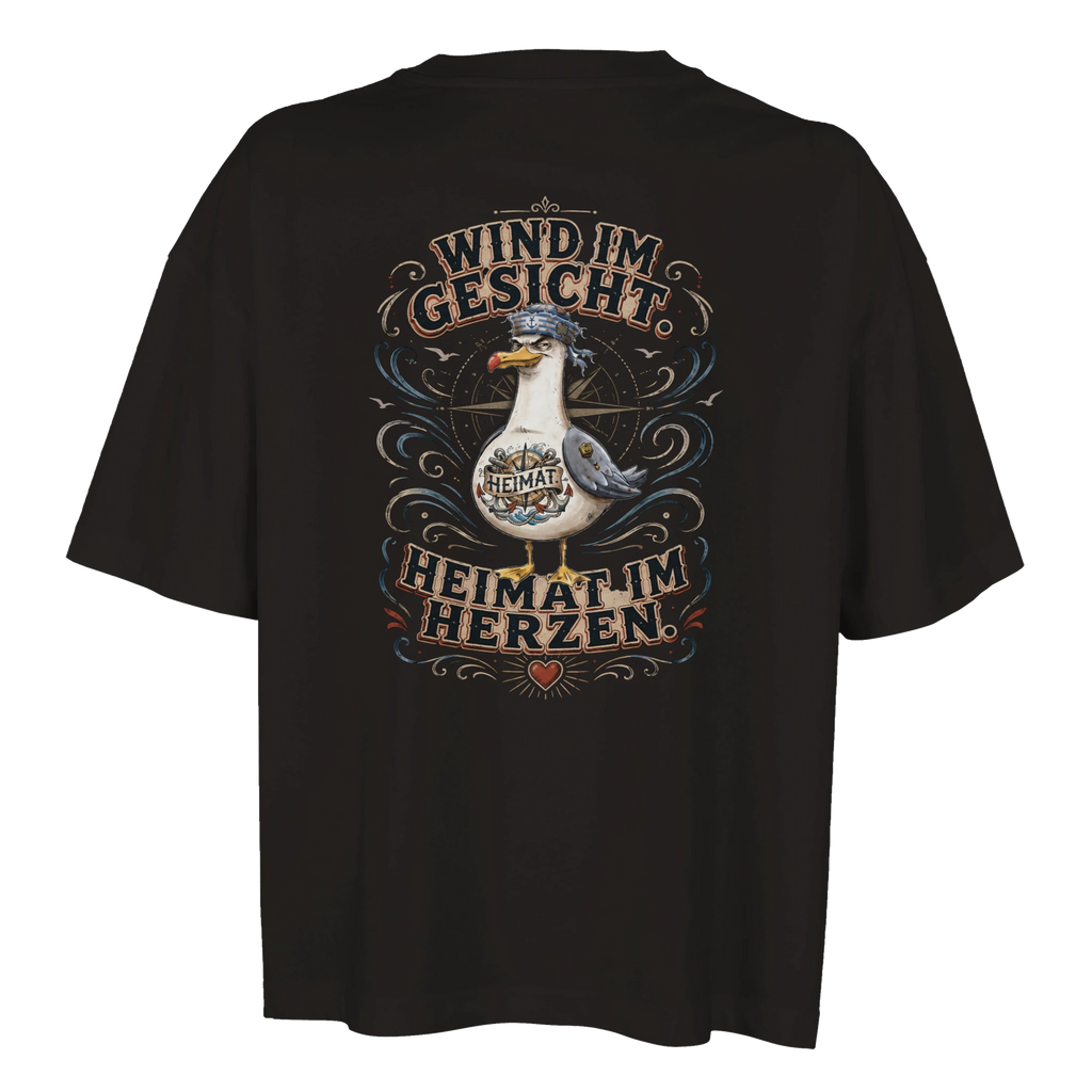 Damen-T-Shirt in Weiß mit Motiv „Wind im Gesicht. Heimat im Herzen. Möwe“