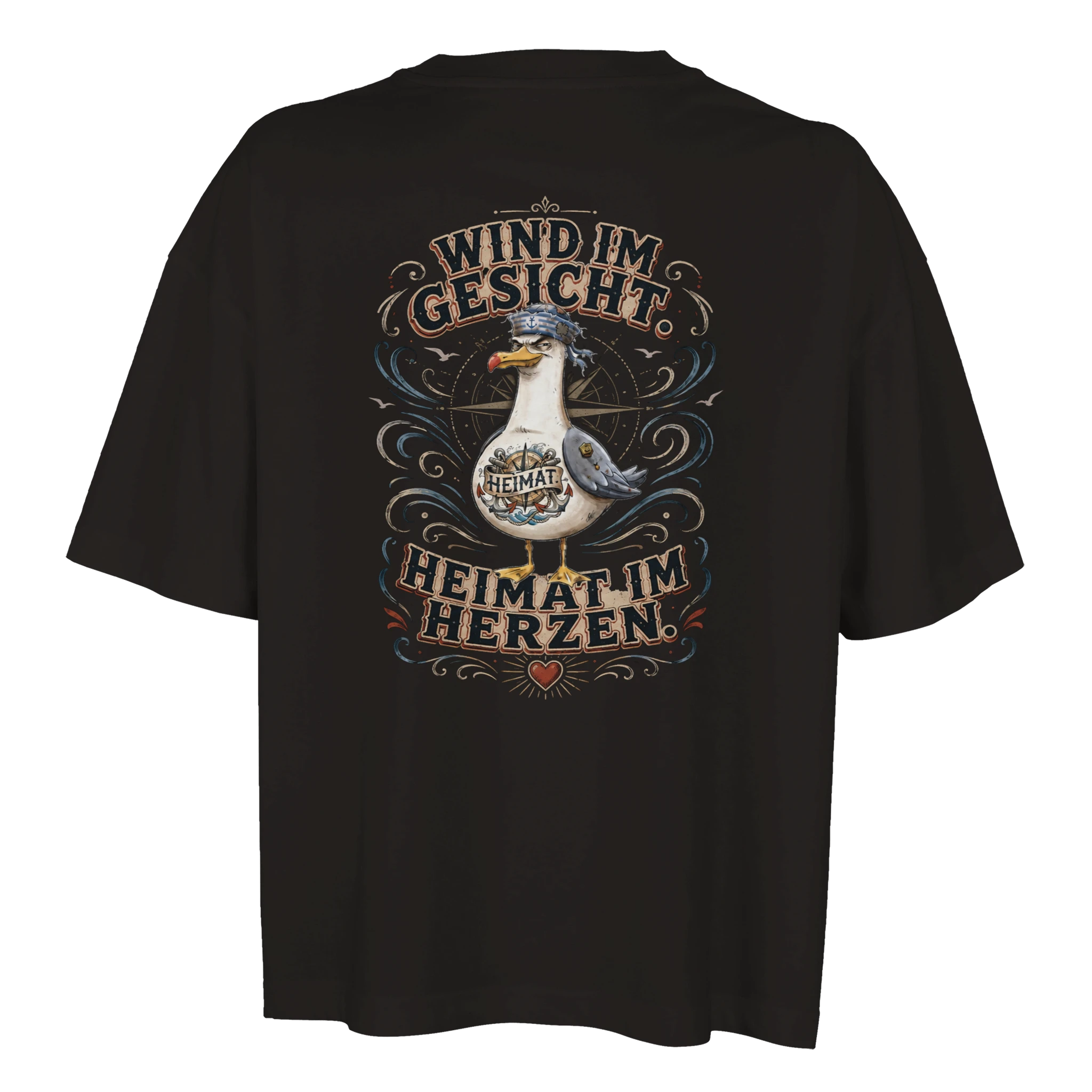 Damen-T-Shirt in Weiß mit Motiv „Wind im Gesicht. Heimat im Herzen. Möwe“