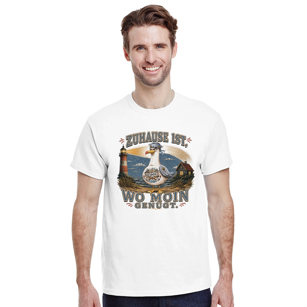 T-Shirt in Sand mit Motiv „Zuhause ist, wo Moin genügt. Möwe“