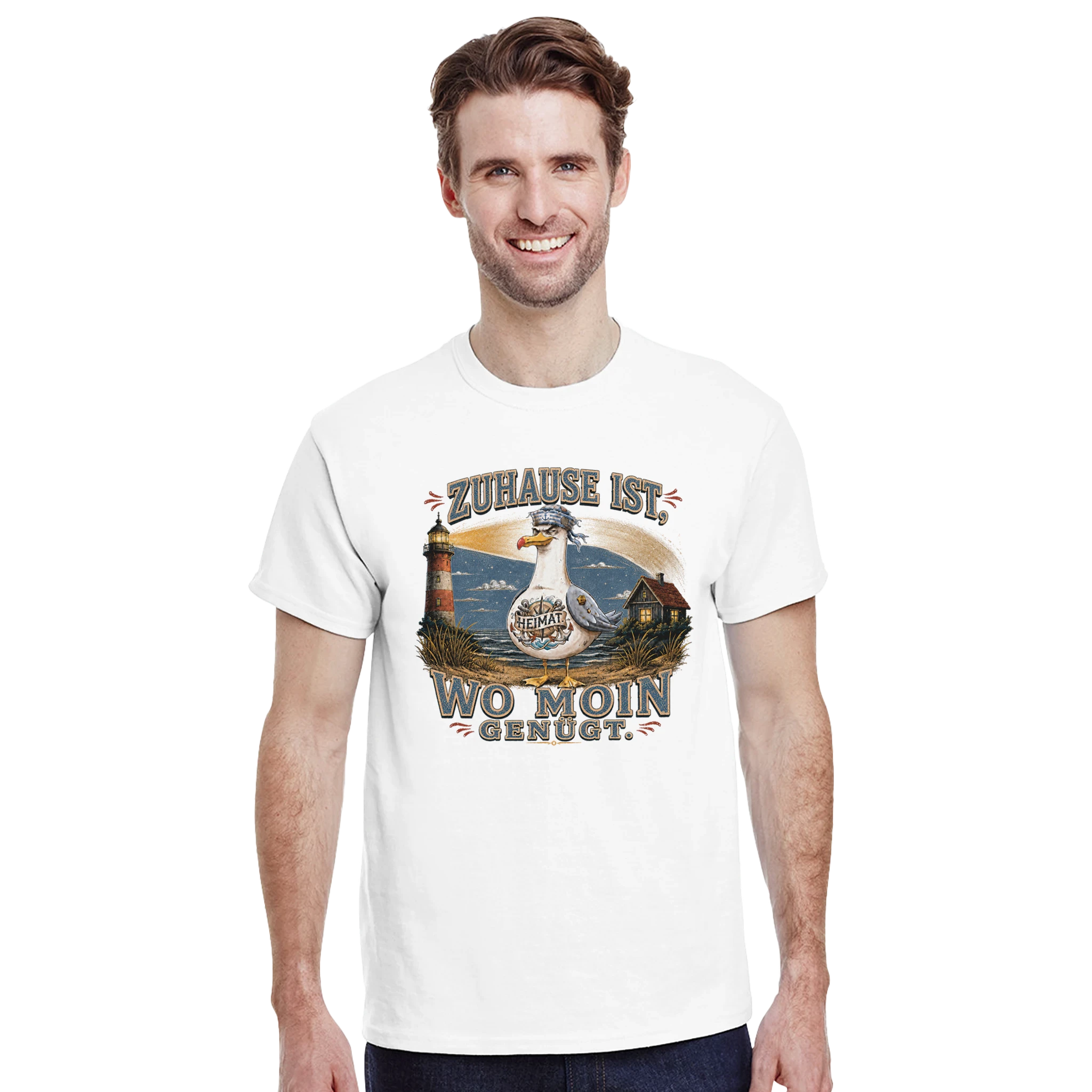 T-Shirt in Sand mit Motiv „Zuhause ist, wo Moin genügt. Möwe“