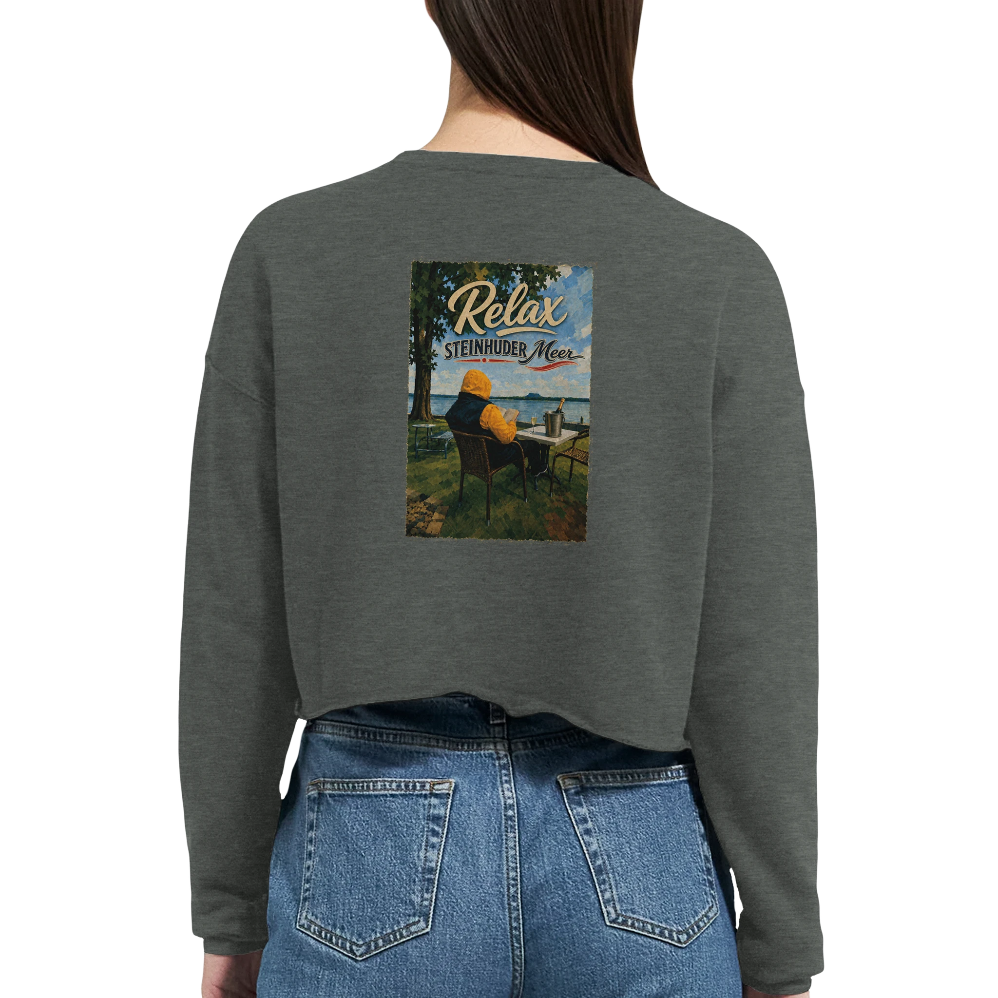 Damen-Pullover in Staubblau mit Motiv „Relax und Champagner“
