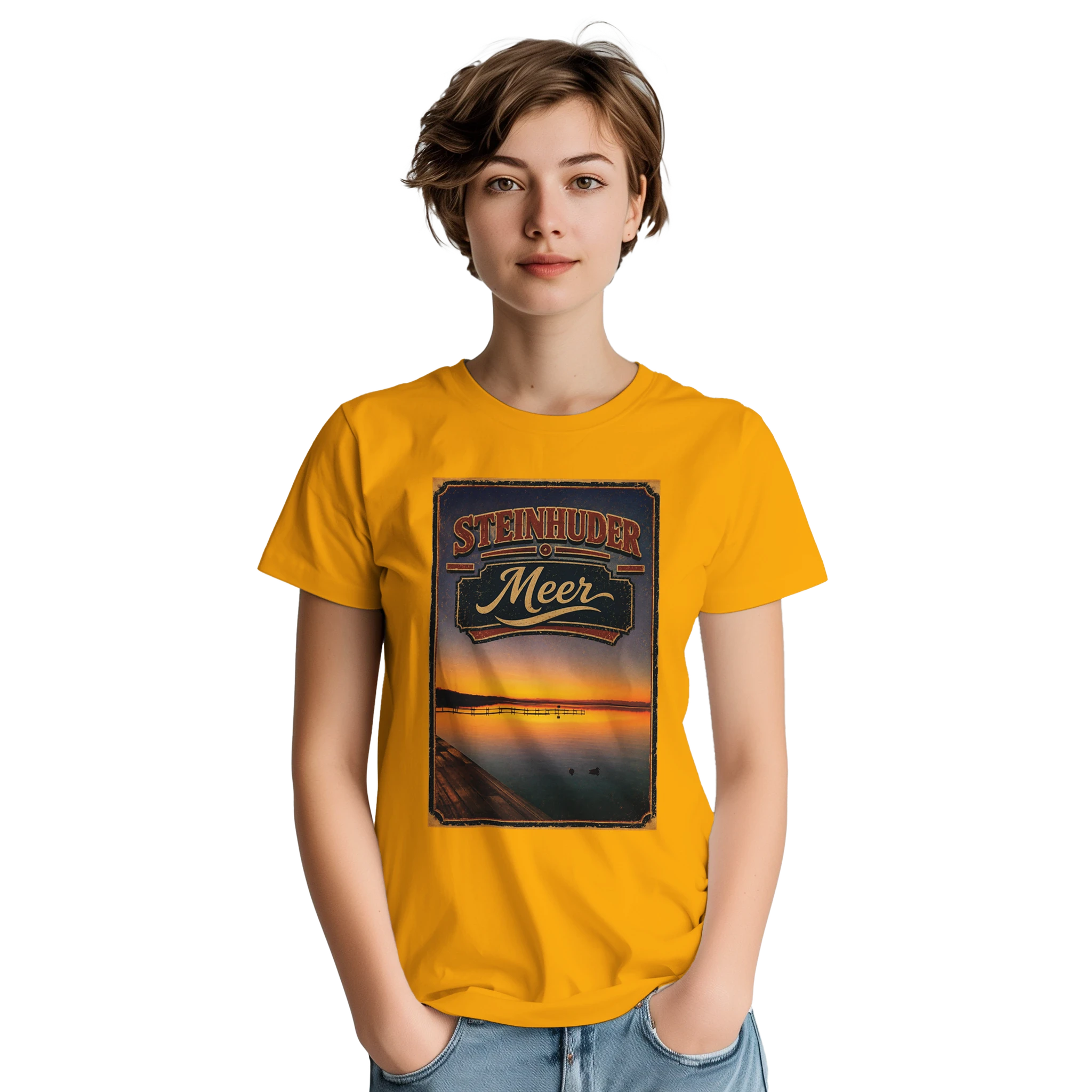 T-Shirt in Natur mit Motiv „Steg an der Planke“