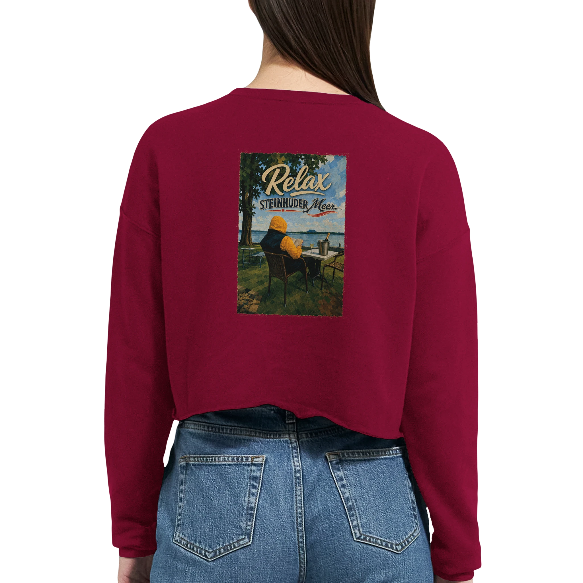 Damen-Pullover in Staubblau mit Motiv „Relax und Champagner“