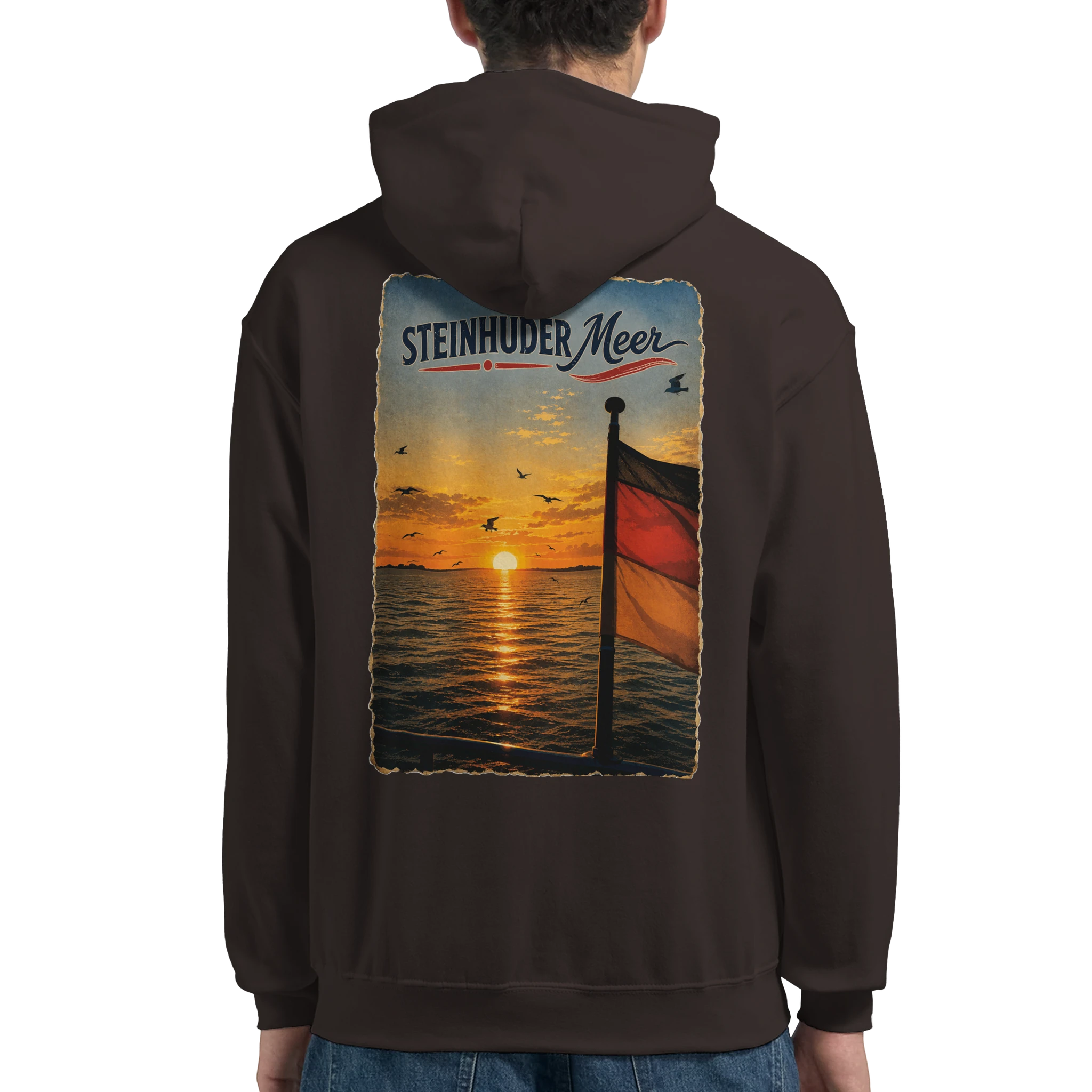 Hoodie in Weiß mit Motiv „Flagge und Sunset“