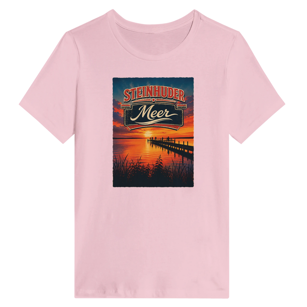 Damen-T-Shirt in Zitronengelb mit Motiv „Sunset Ratskeller Steg am Steinhuder Meer“