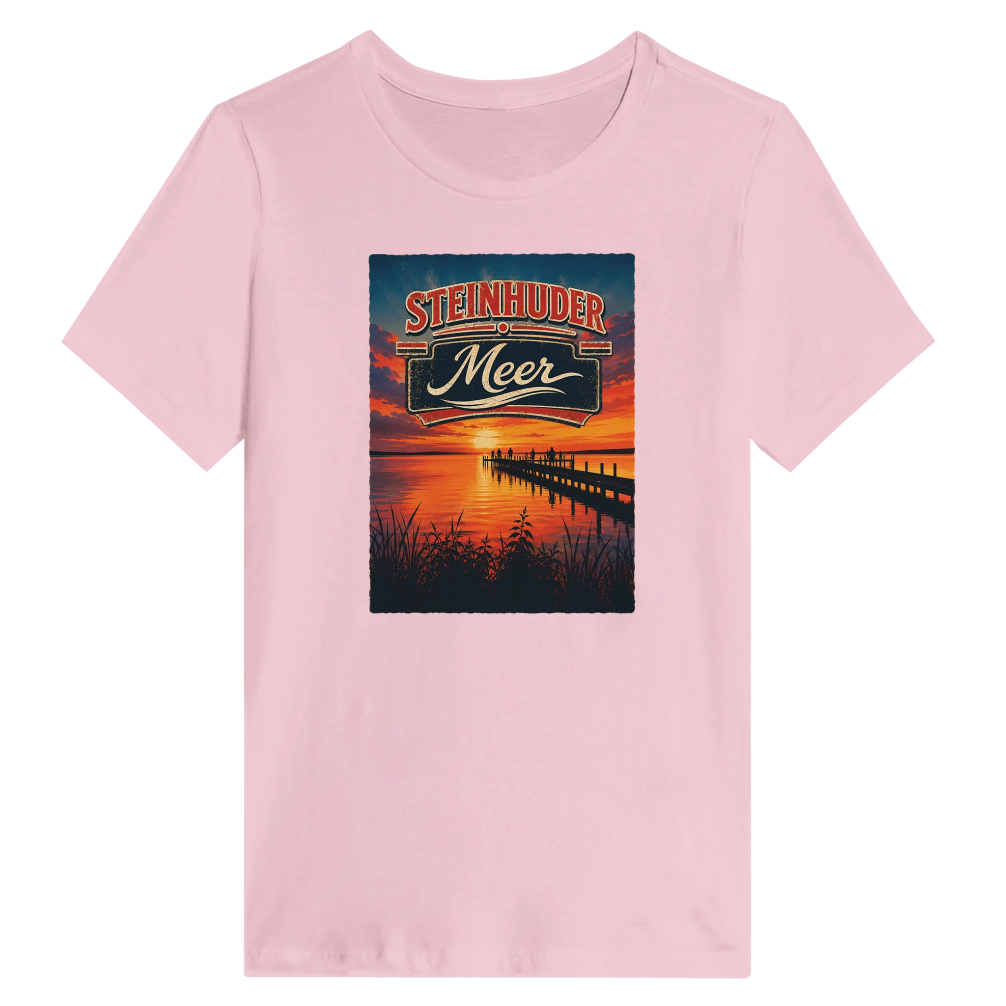 Damen-T-Shirt in Zitronengelb mit Motiv „Sunset Ratskeller Steg am Steinhuder Meer“