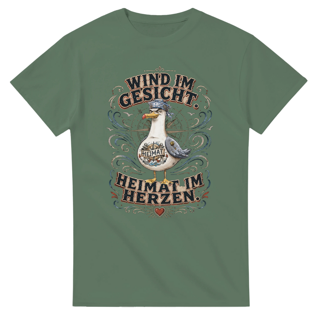 T-Shirt in Weiß mit Motiv „Wind im Gesicht. Heimat im Herzen. Möwe“