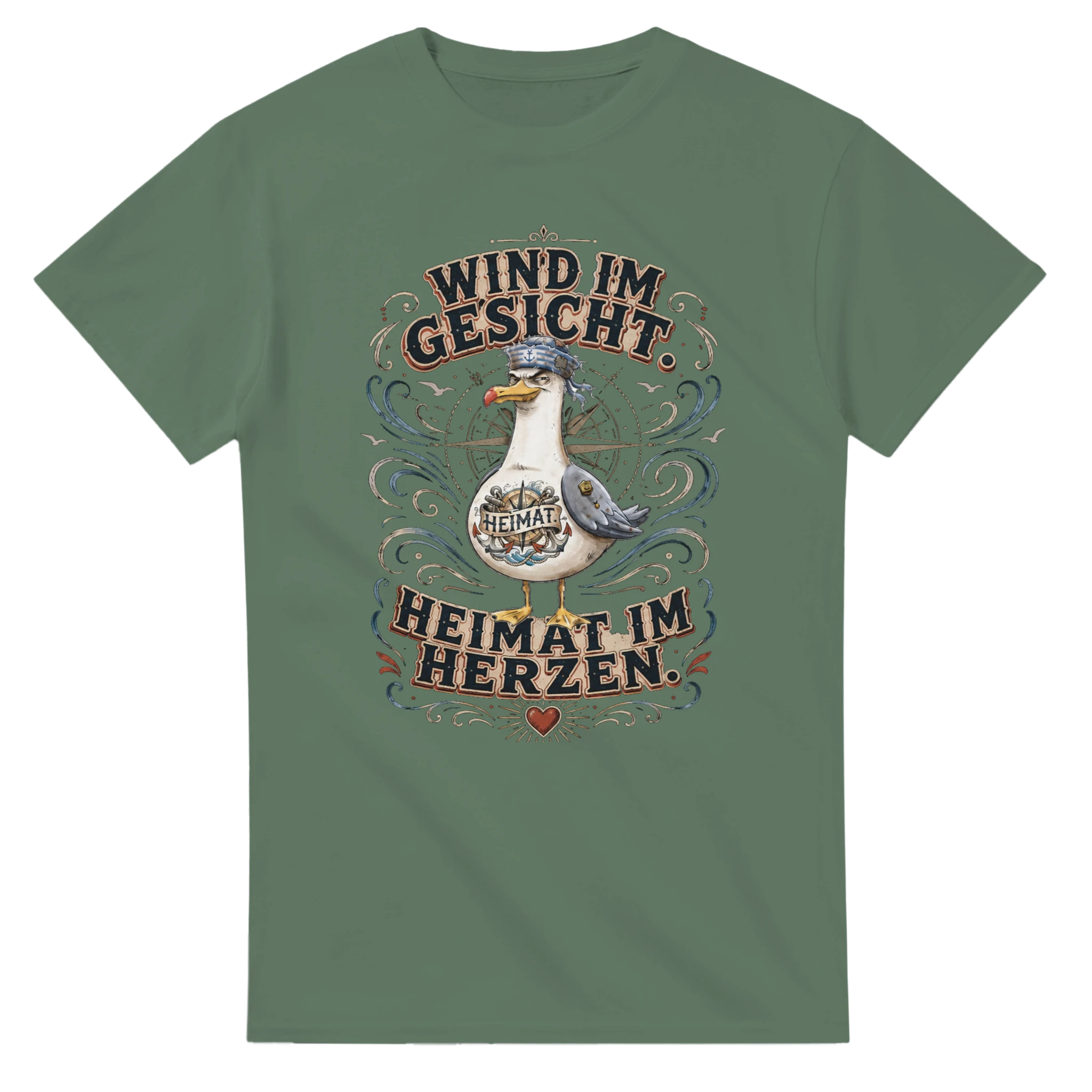 T-Shirt in Weiß mit Motiv „Wind im Gesicht. Heimat im Herzen. Möwe“