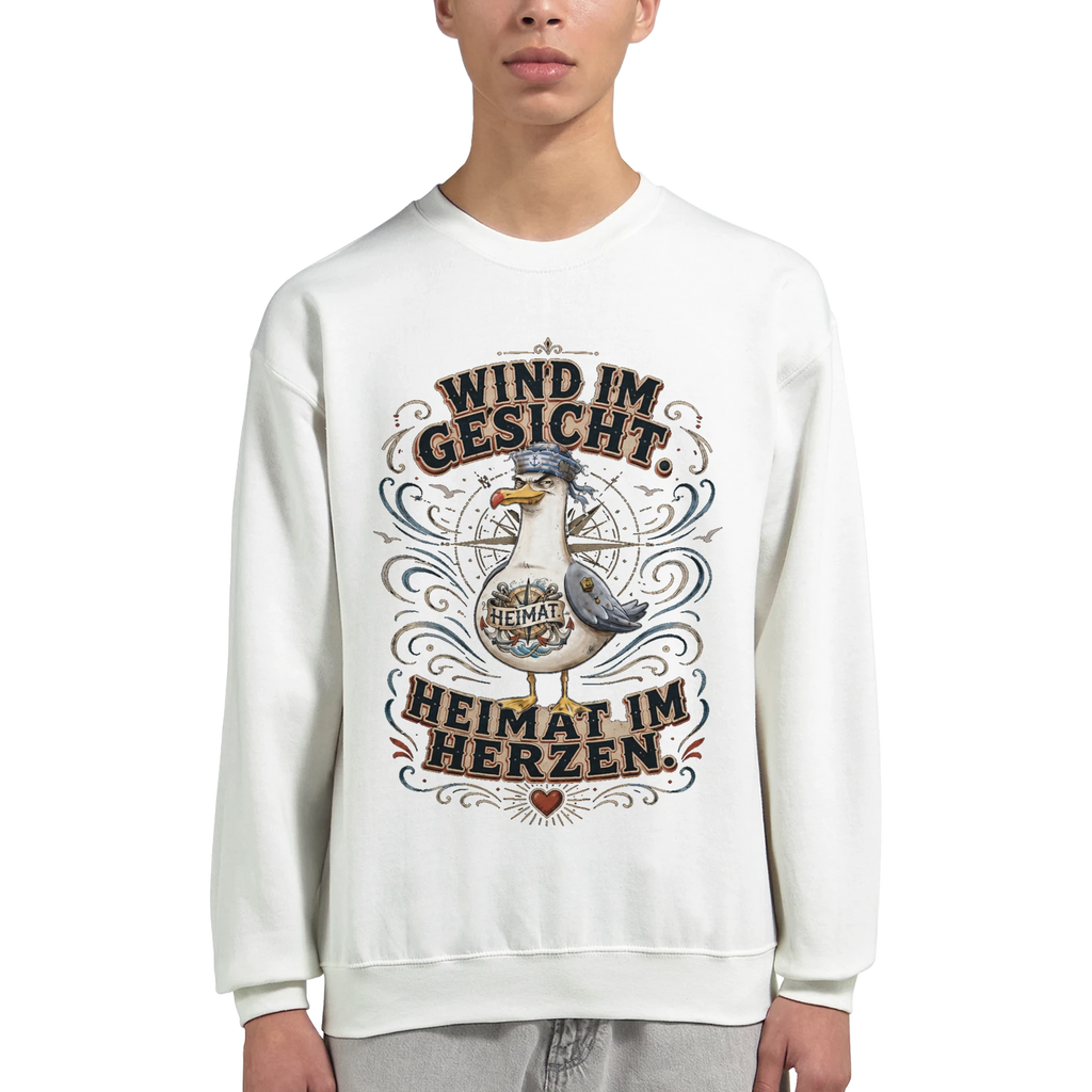 Pullover in Hellrosa mit Motiv „Wind im Gesicht. Heimat im Herzen. Möwe“