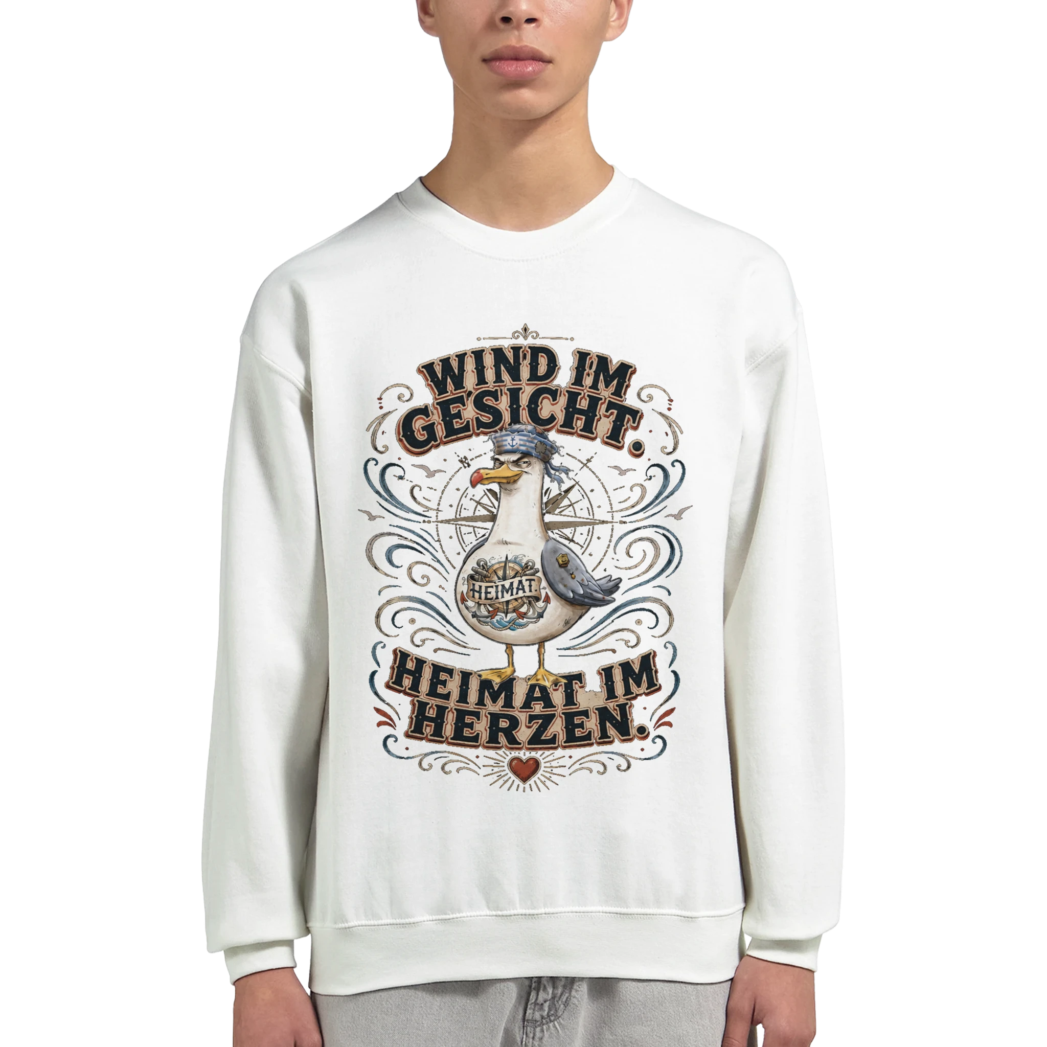 Pullover in Hellrosa mit Motiv „Wind im Gesicht. Heimat im Herzen. Möwe“