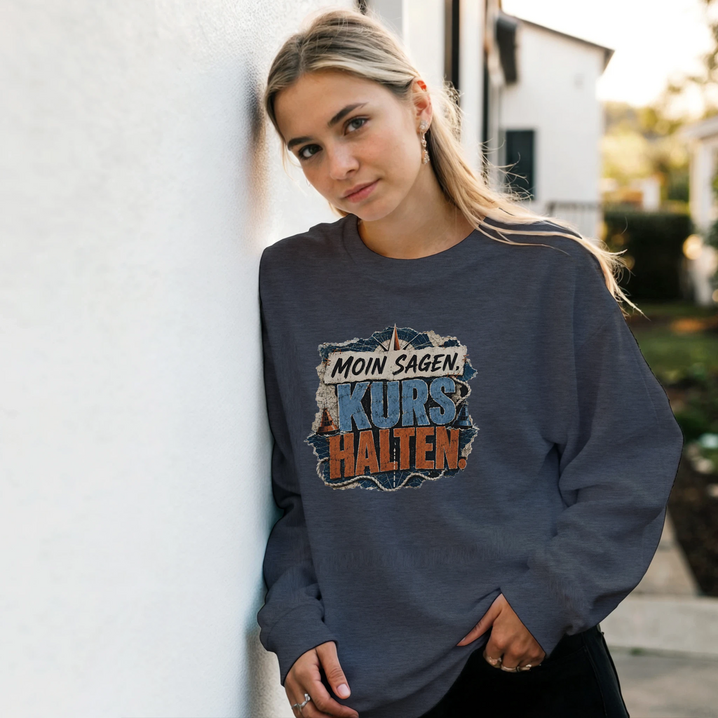 Pullover in Hellrosa mit Motiv „Moin sagen. Kurs halten.“