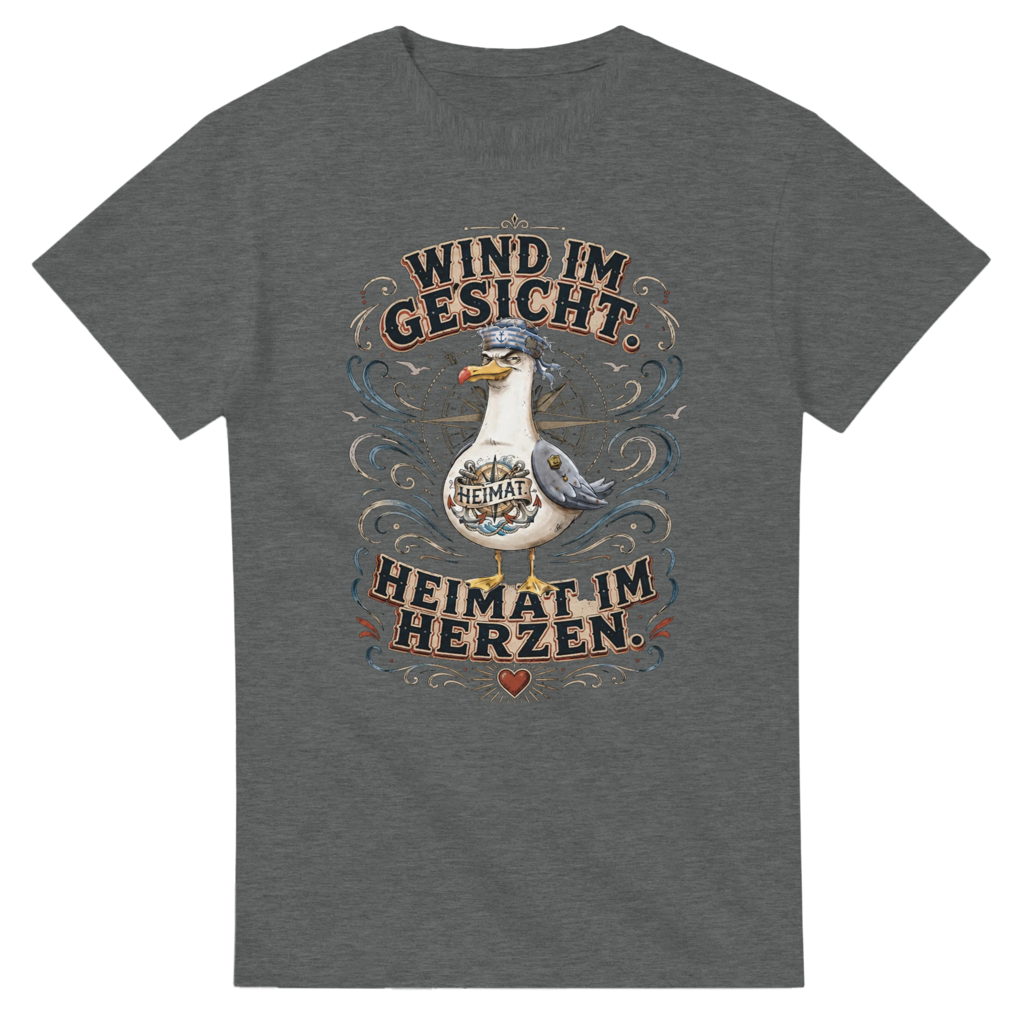 T-Shirt in Weiß mit Motiv „Wind im Gesicht. Heimat im Herzen. Möwe“