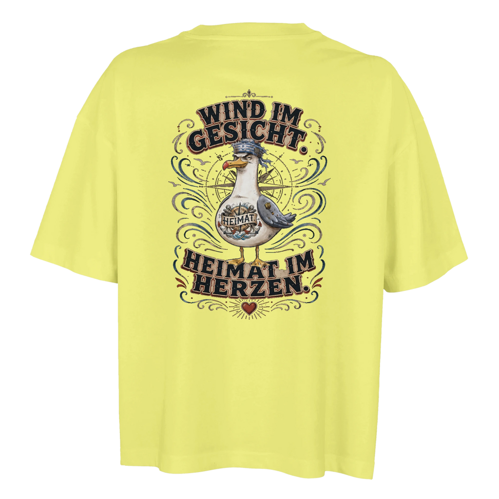 Damen-T-Shirt in Hellgelb mit Motiv „Wind im Gesicht. Heimat im Herzen. Möwe“