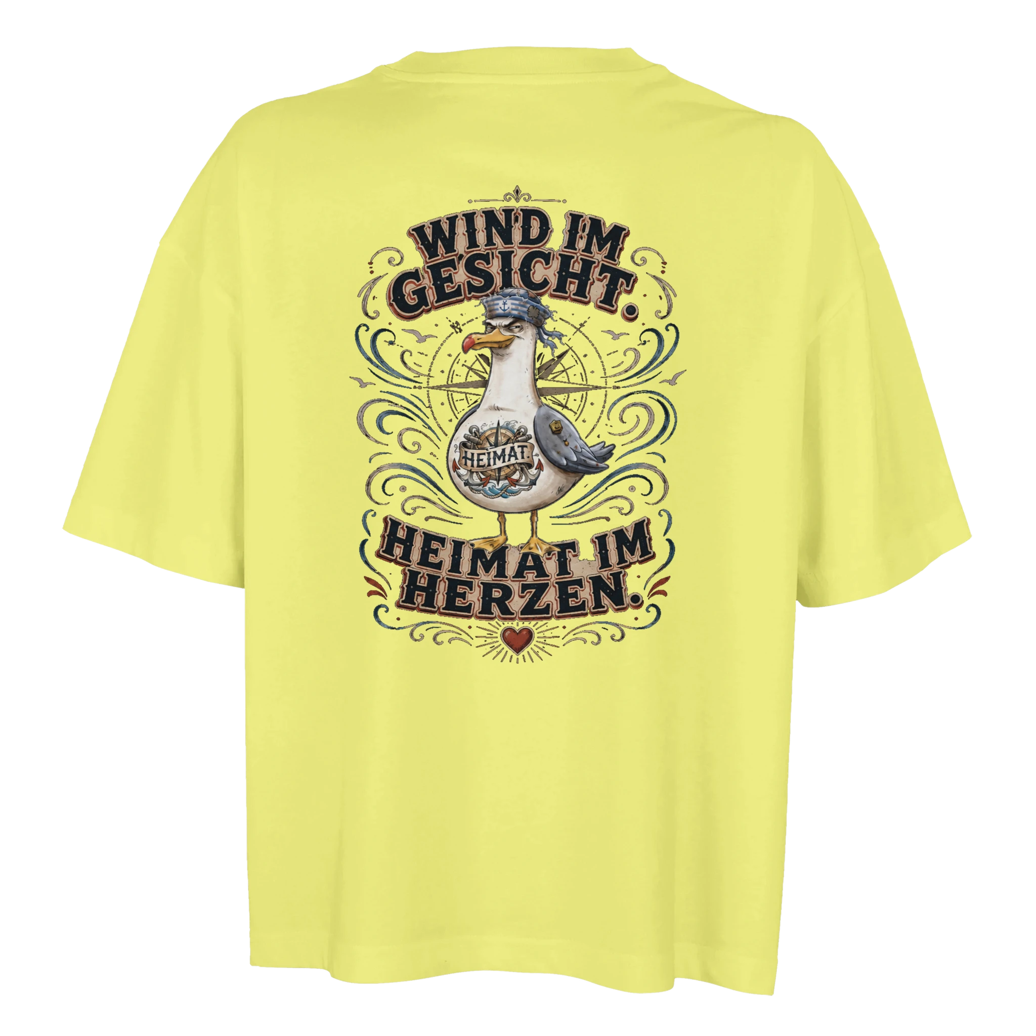 Damen-T-Shirt in Hellgelb mit Motiv „Wind im Gesicht. Heimat im Herzen. Möwe“