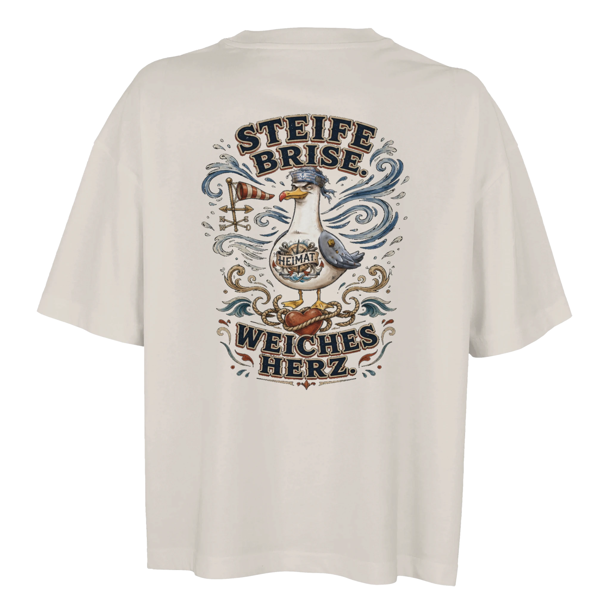 Damen-T-Shirt in Weiß mit Motiv „Steife Brise. Weiches Herz. Möwe“