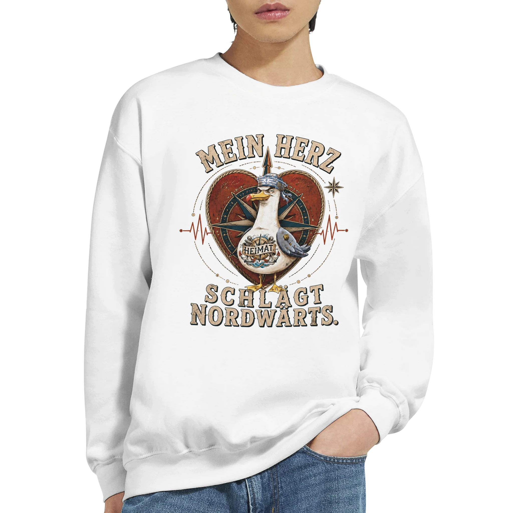 Pullover in Hellrosa mit Motiv „Mein Herz schlägt NORDWÄRTS. Möwe“