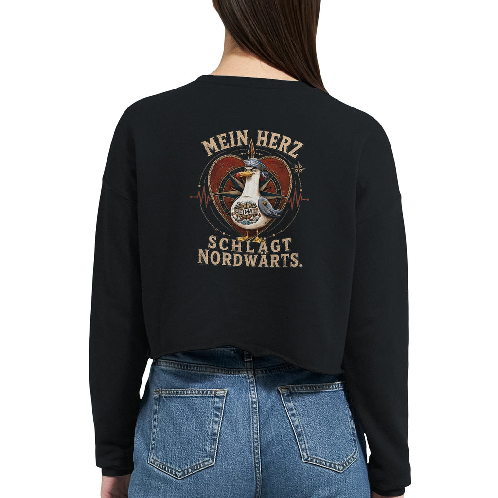 Damen-Pullover in Staubblau mit Motiv „Mein Herz schlägt NORDWÄRTS. Möwe“
