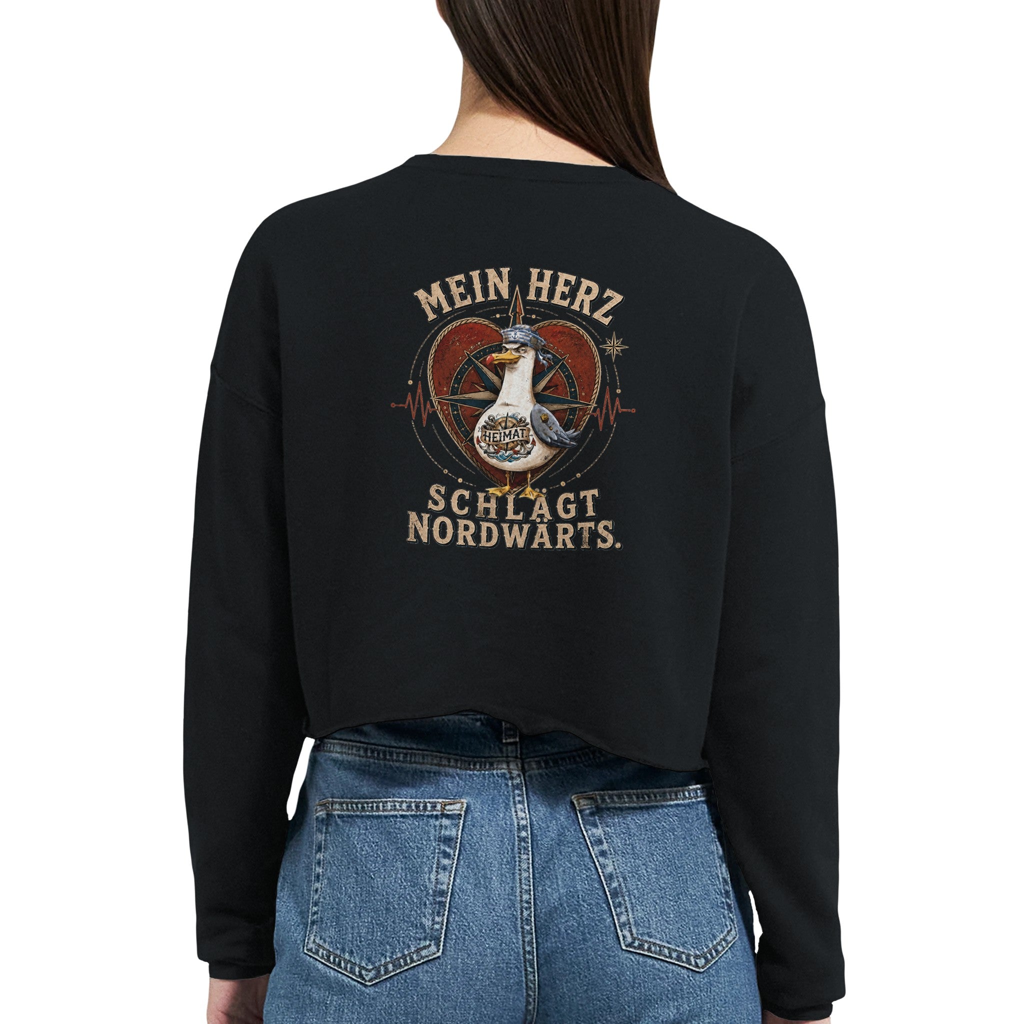 Damen-Pullover in Staubblau mit Motiv „Mein Herz schlägt NORDWÄRTS. Möwe“