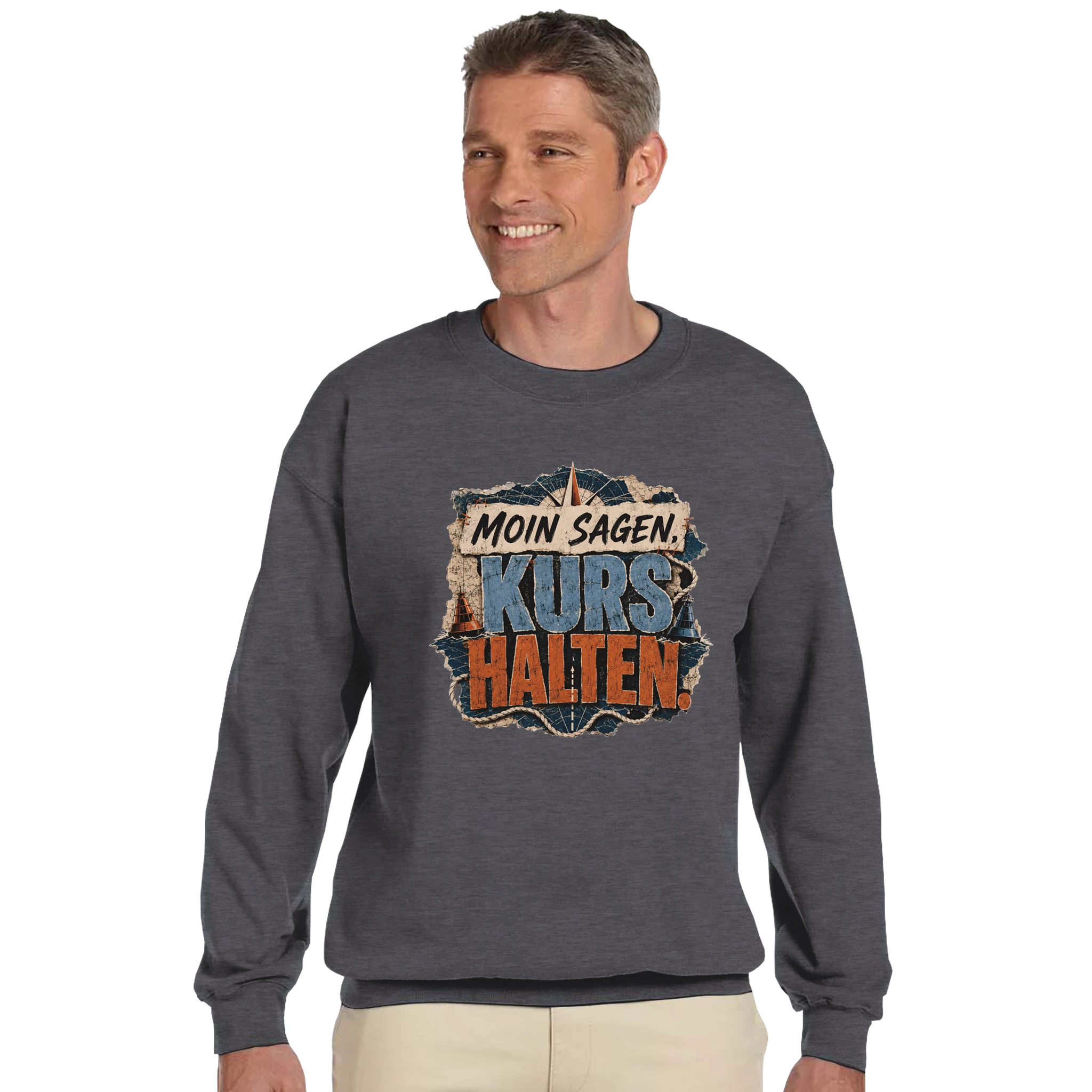 Pullover in Sand mit Motiv „Moin sagen. Kurs halten.“