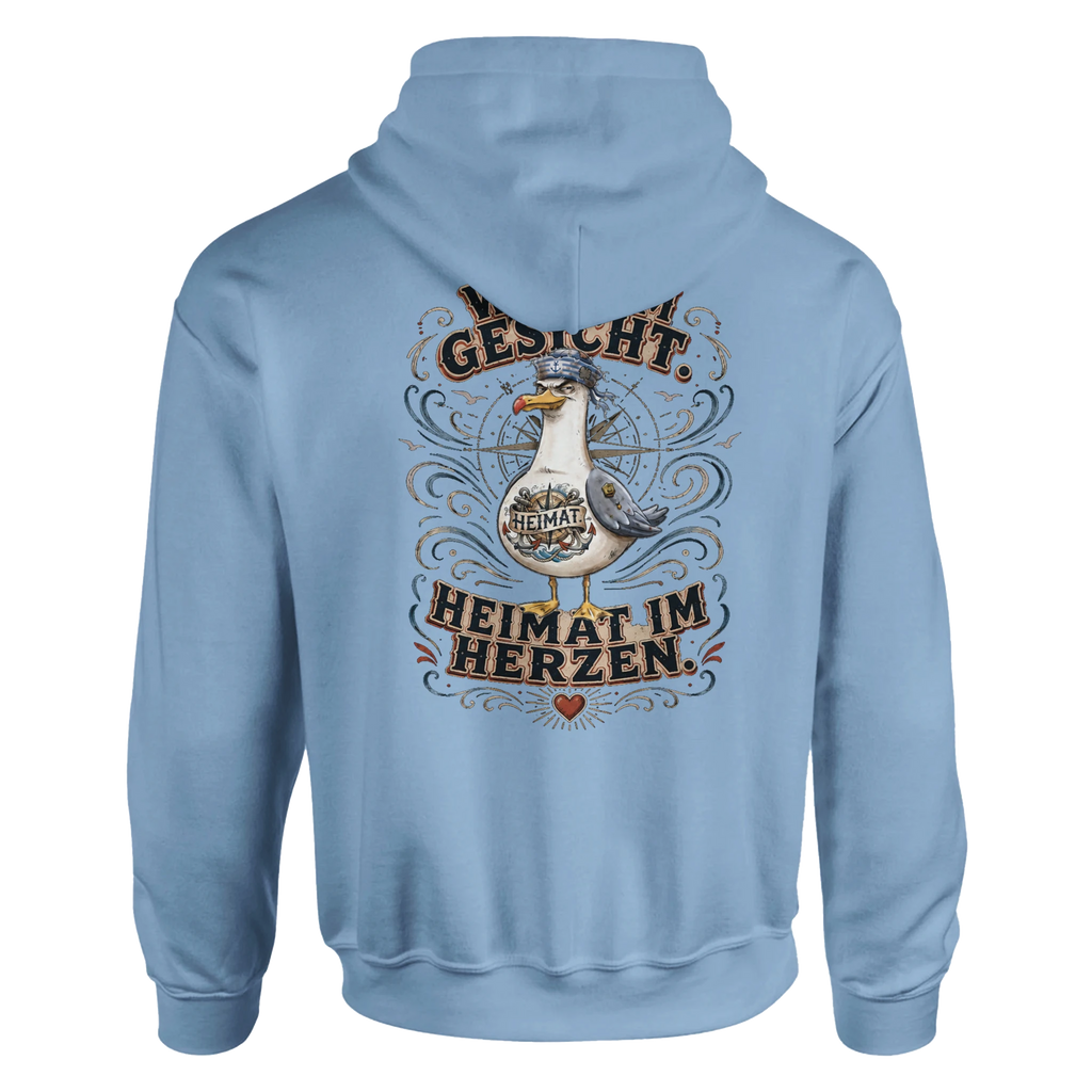Hoodie in Weiß mit Motiv „Wind im Gesicht. Heimat im Herzen. Möwe“