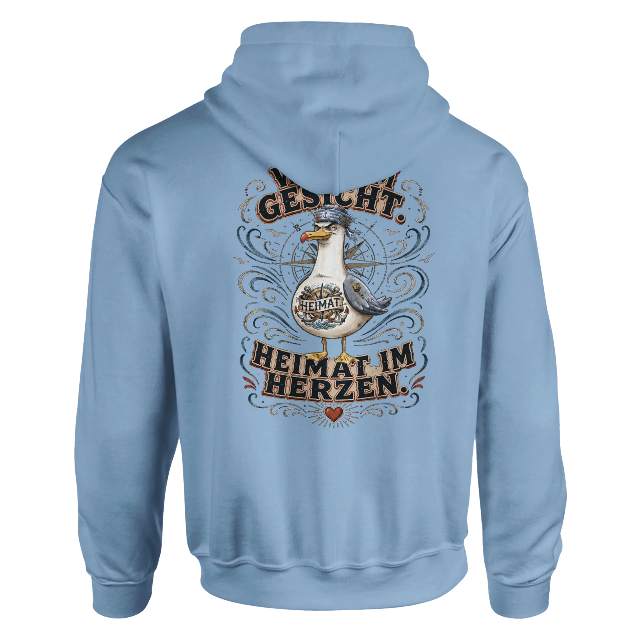 Hoodie in Weiß mit Motiv „Wind im Gesicht. Heimat im Herzen. Möwe“