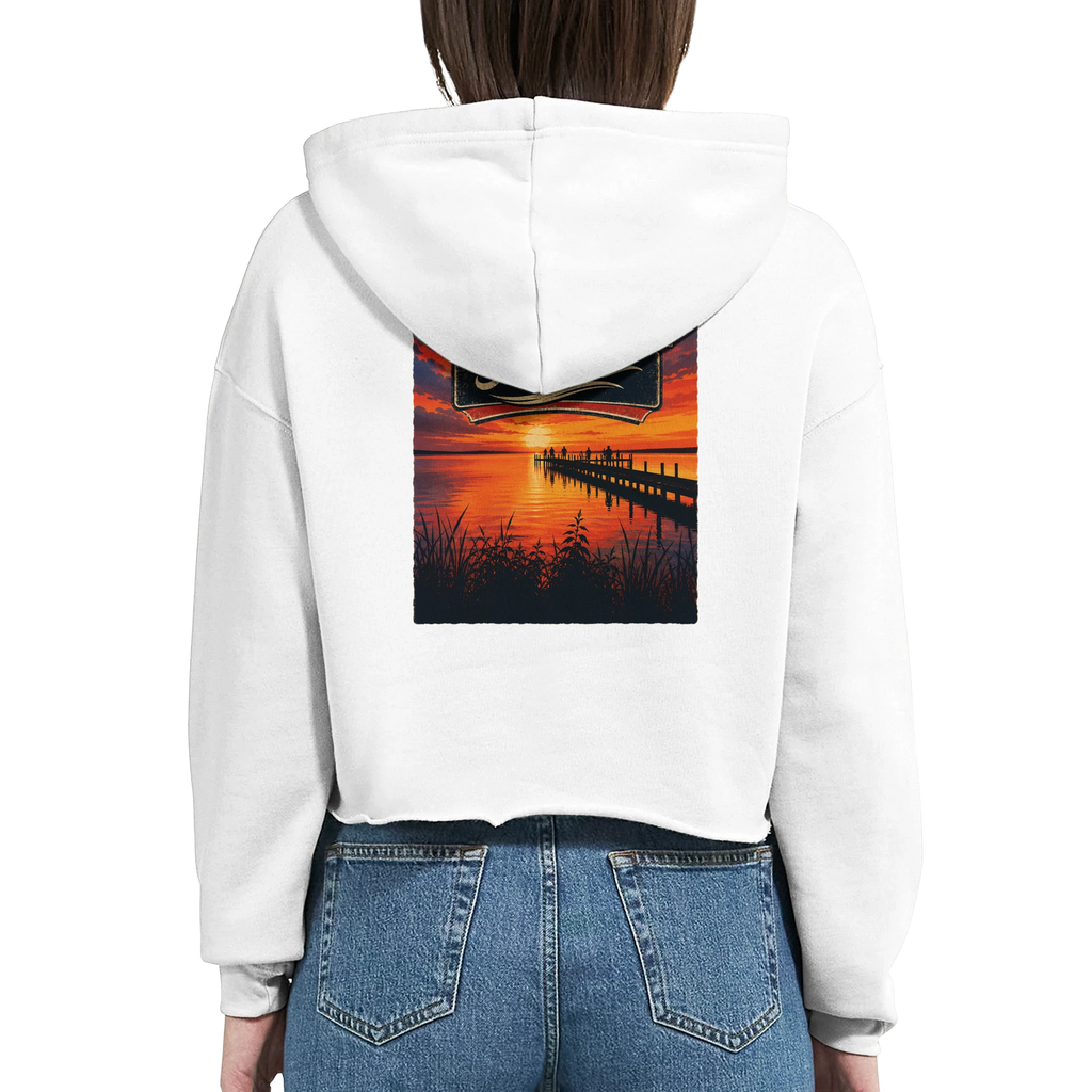 Damen-Hoodie in Weiß mit Motiv „Sunset Ratskeller Steg am Steinhuder Meer“