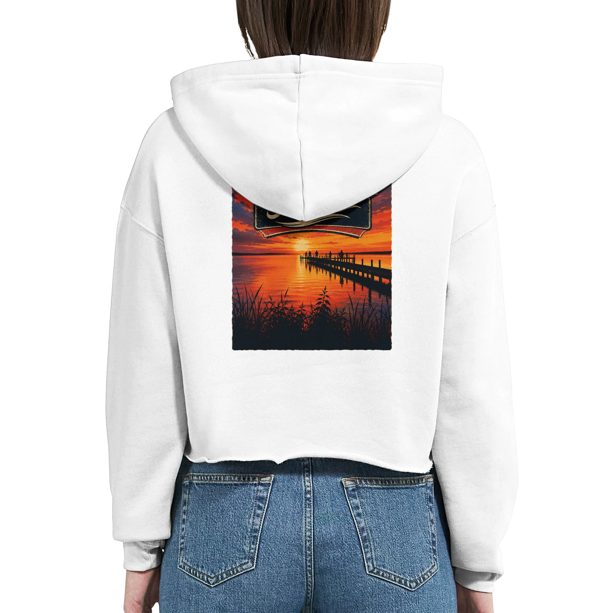 Damen-Hoodie in Weiß mit Motiv „Sunset Ratskeller Steg am Steinhuder Meer“