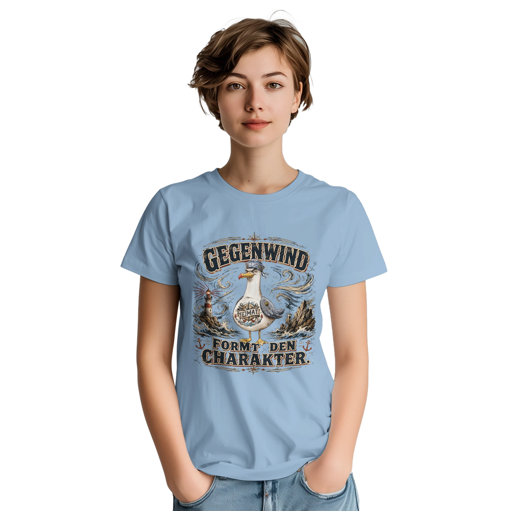 T-Shirt in Sand mit Motiv „Gegenwind formt den Charakter Typisch Norddeutsch“