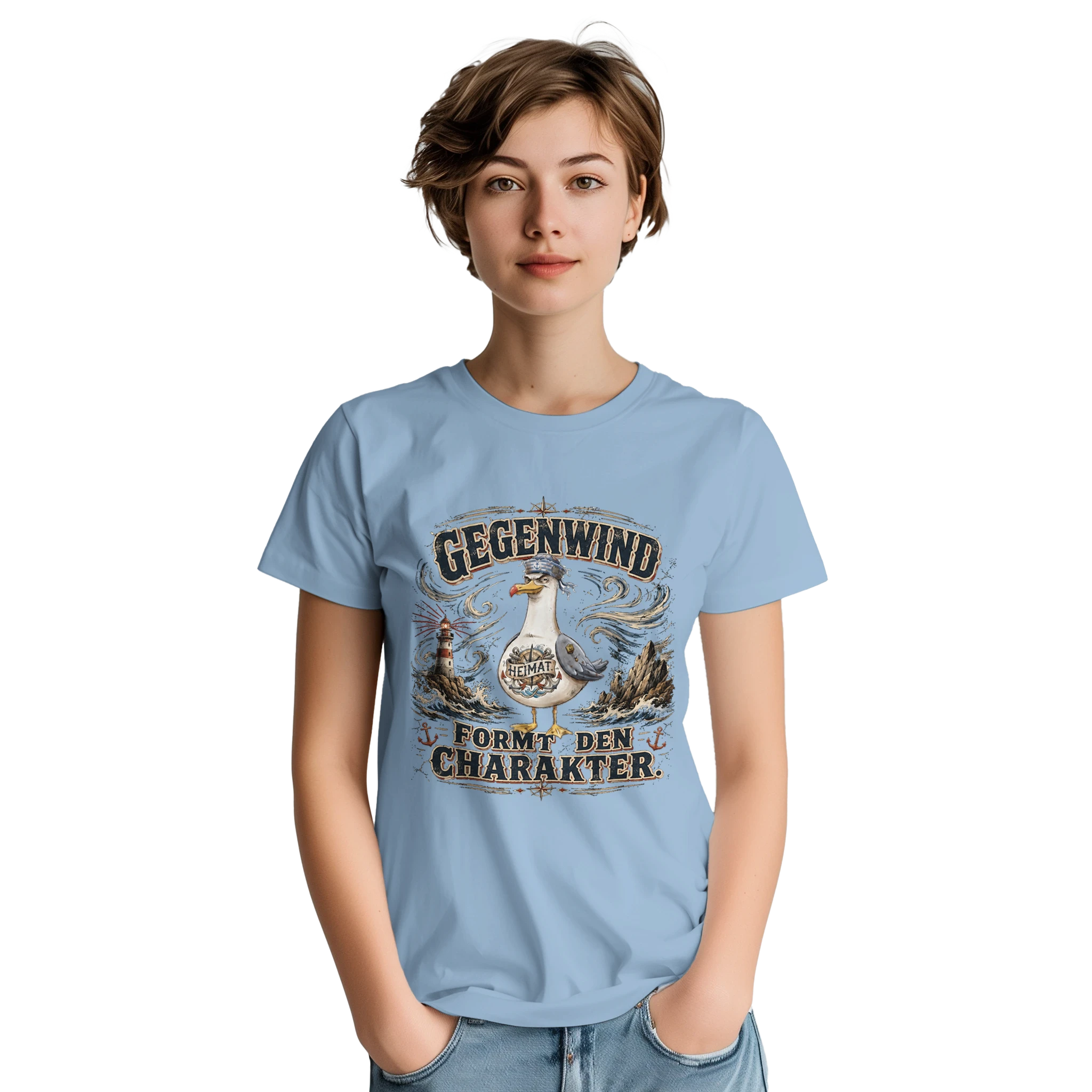 T-Shirt in Sand mit Motiv „Gegenwind formt den Charakter Typisch Norddeutsch“