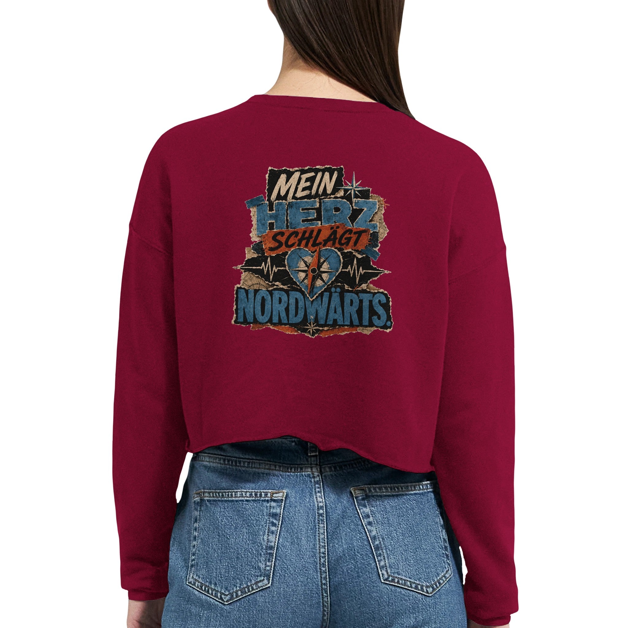 Damen-Pullover in Staubblau mit Motiv „Mein Herz schlägt NORDWÄRTS.“