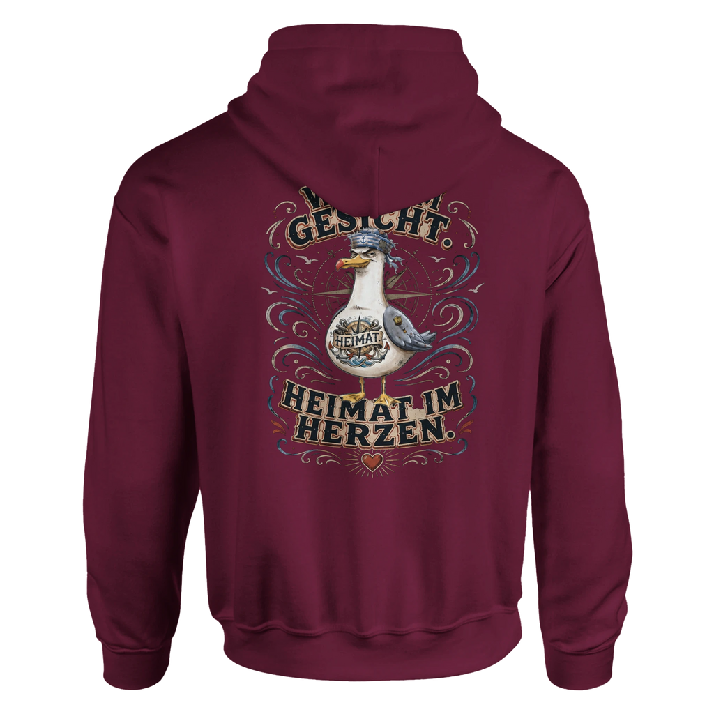 Hoodie in Hellrosa mit Motiv „Wind im Gesicht. Heimat im Herzen. Möwe“