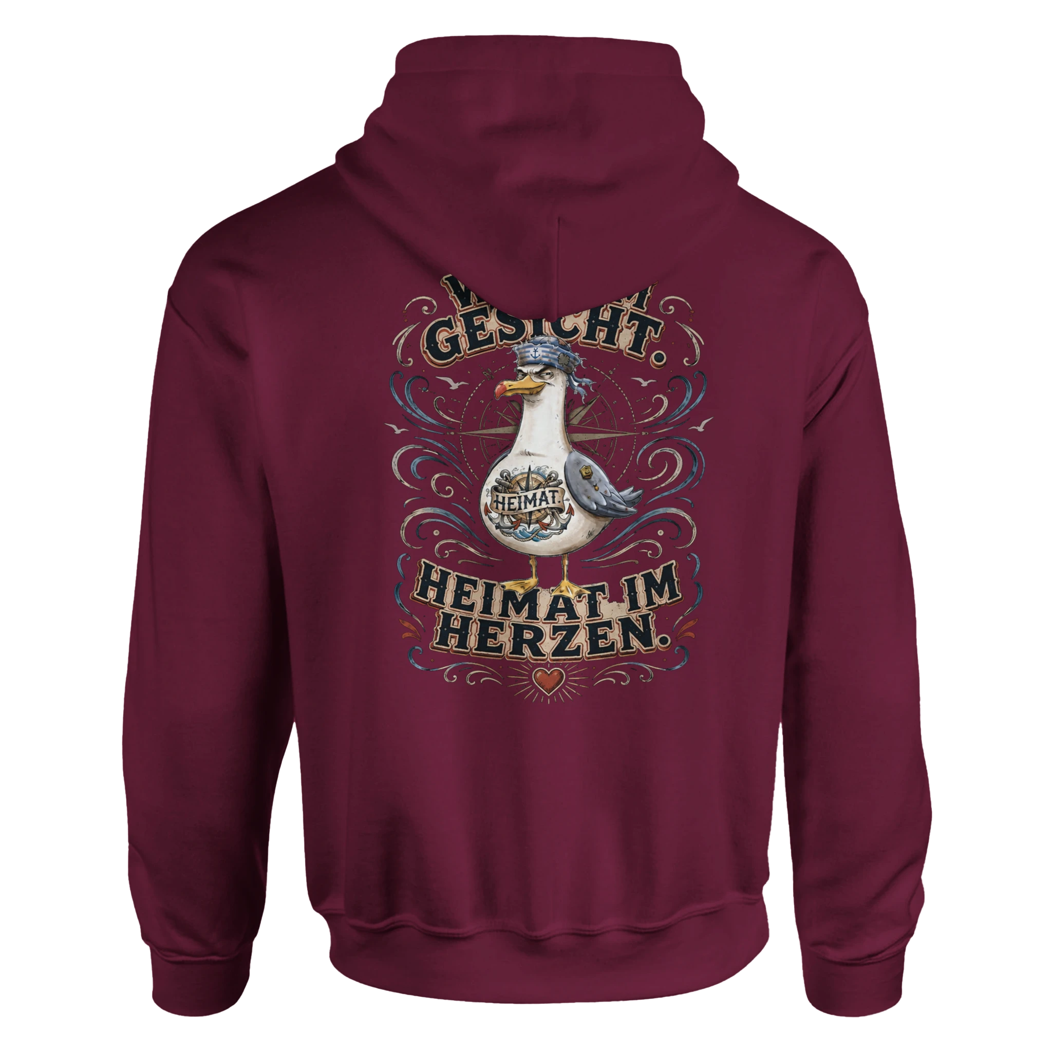 Hoodie in Hellrosa mit Motiv „Wind im Gesicht. Heimat im Herzen. Möwe“