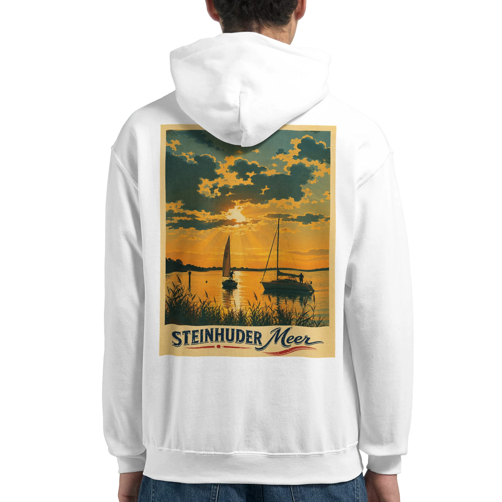 Hoodie in Weiß mit Motiv „Segler am Steinhuder Meer beim Sunset“