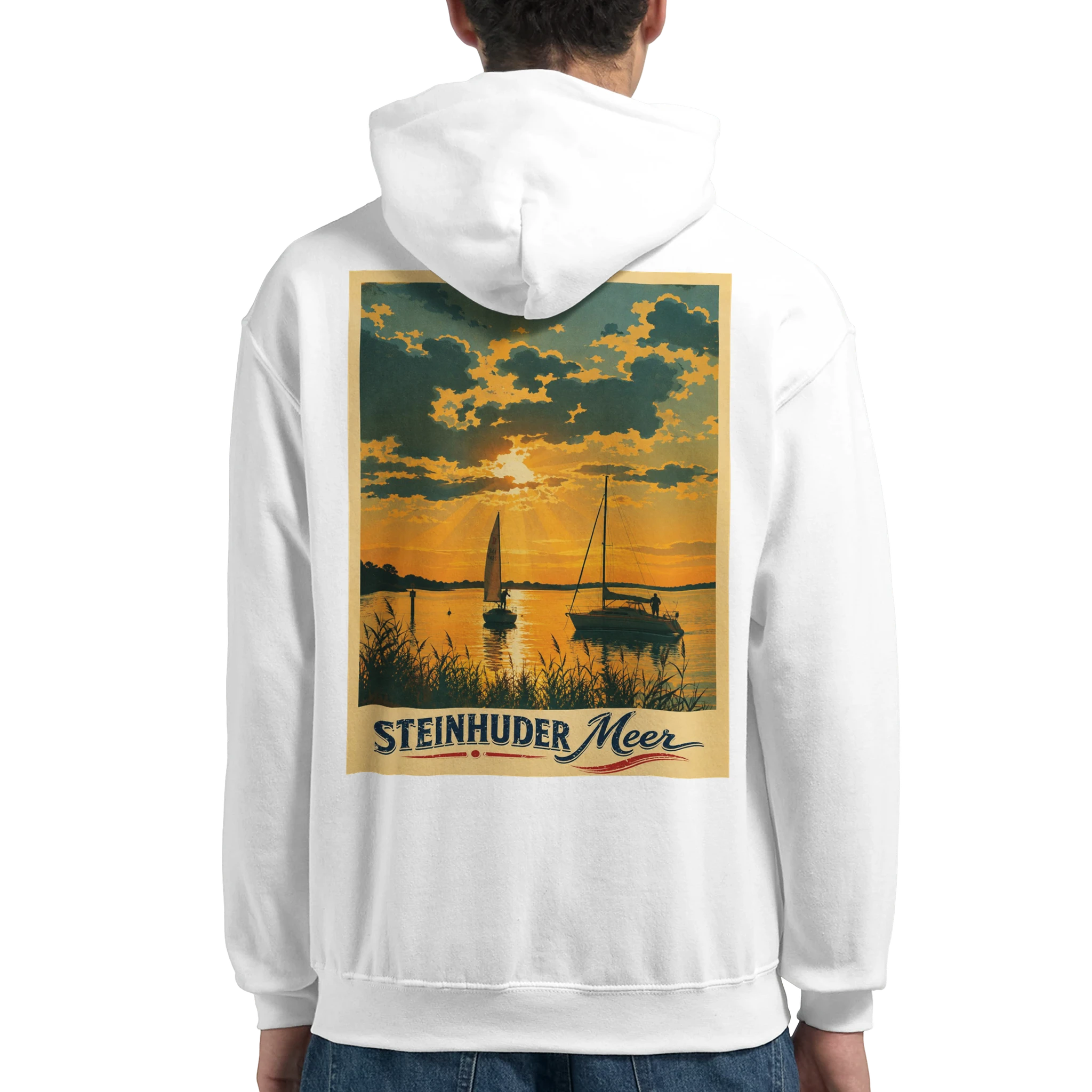 Hoodie in Weiß mit Motiv „Segler am Steinhuder Meer beim Sunset“
