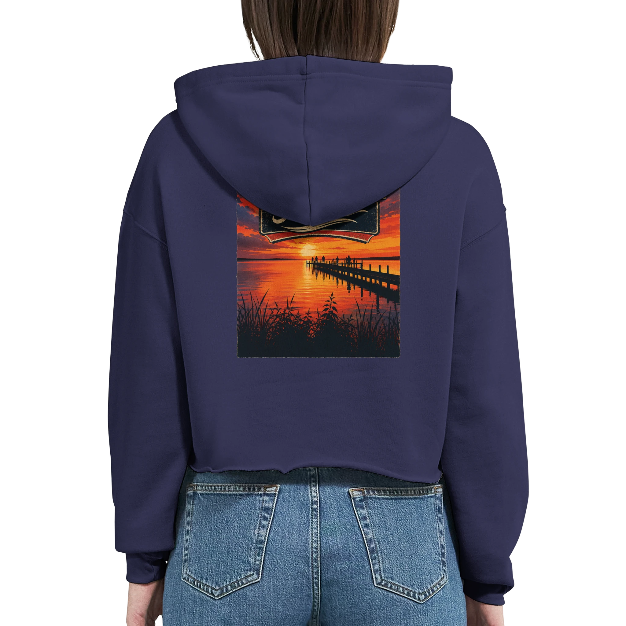 Damen-Hoodie in Weiß mit Motiv „Sunset Ratskeller Steg am Steinhuder Meer“