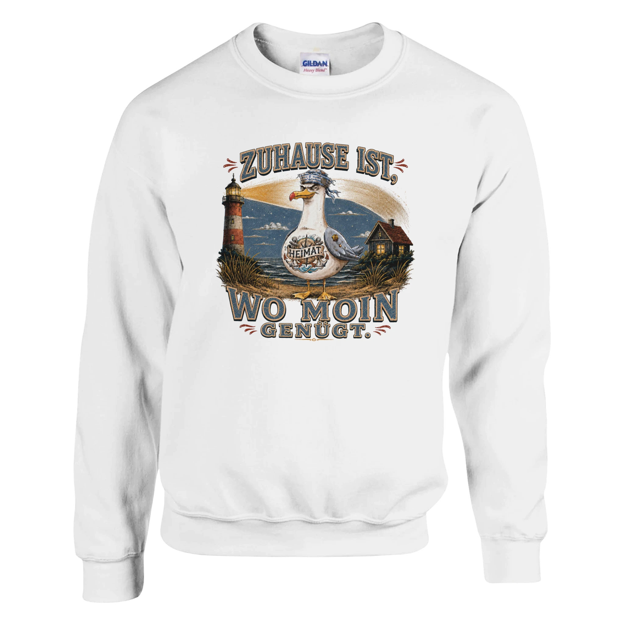Pullover in Weiß mit Motiv „Zuhause ist, wo Moin genügt. Möwe“