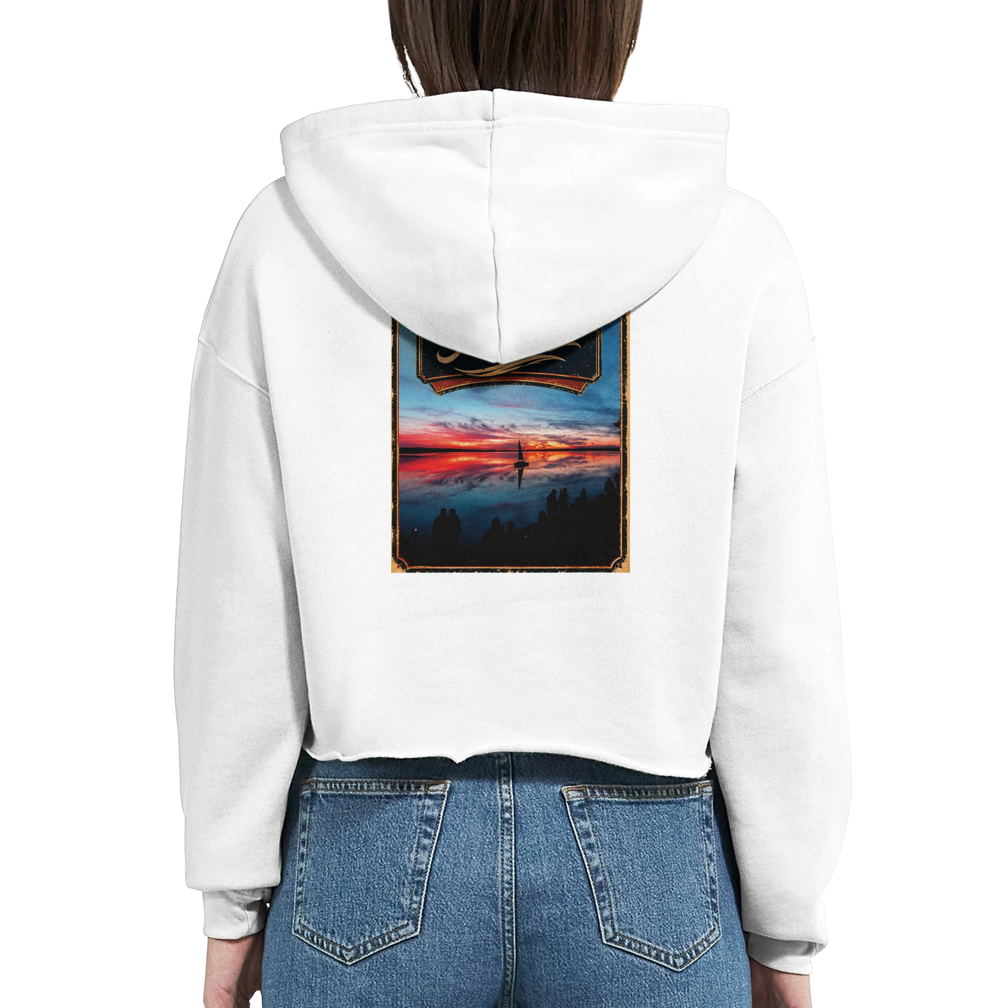 Damen-Hoodie in Pfirsich mit Motiv „Sunset mit Segler am Wilhelmstein – Steinhuder Meer“